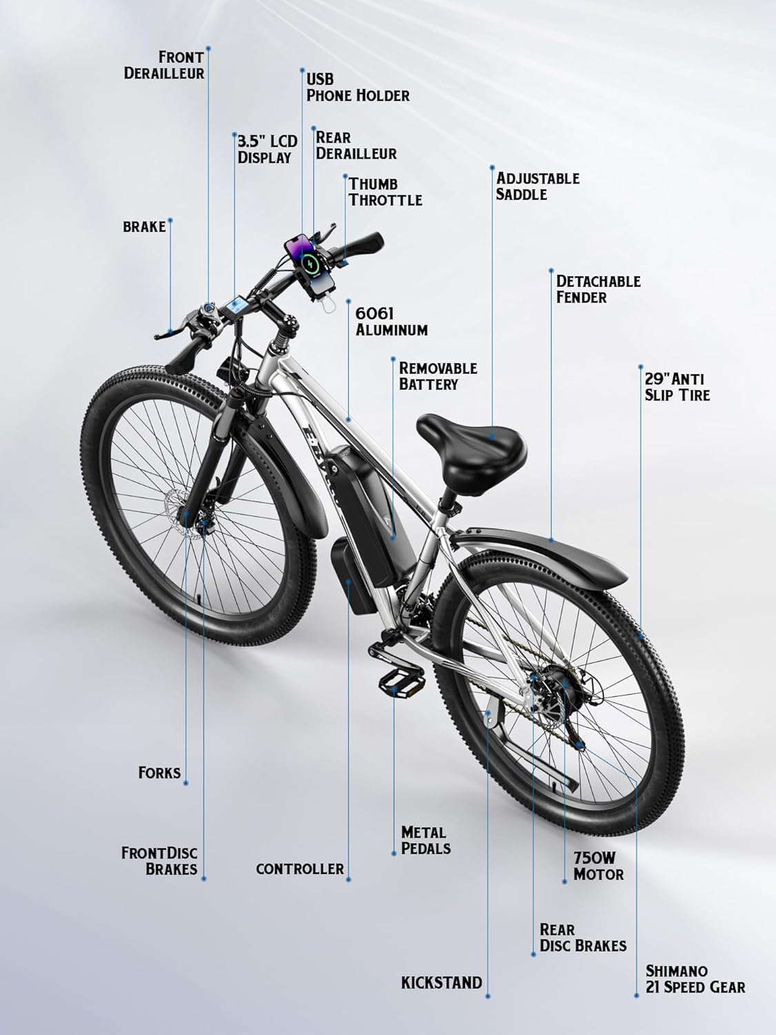 E·Bycco 34 MPH 70 Miles Long Range 1000W Electric Bike for Adults – 29" Tire 48V 17.5Ah Removable Battery, 21 Speed, Fast City Commuter Pedal Assist E-Bike for Snow Sand, E8