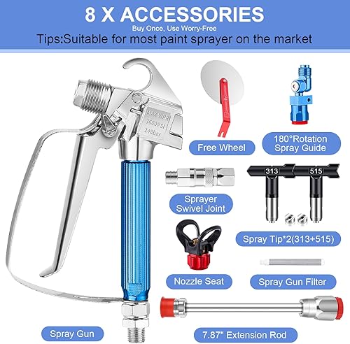 Miniatura 2 de 8Pcs Kit de Pistola Pulverizador de Pintura Sin Aire, Pistola de Pulverización Sin Aire de 3600PSI con Varilla de Extensión de 7.87" y Herramienta