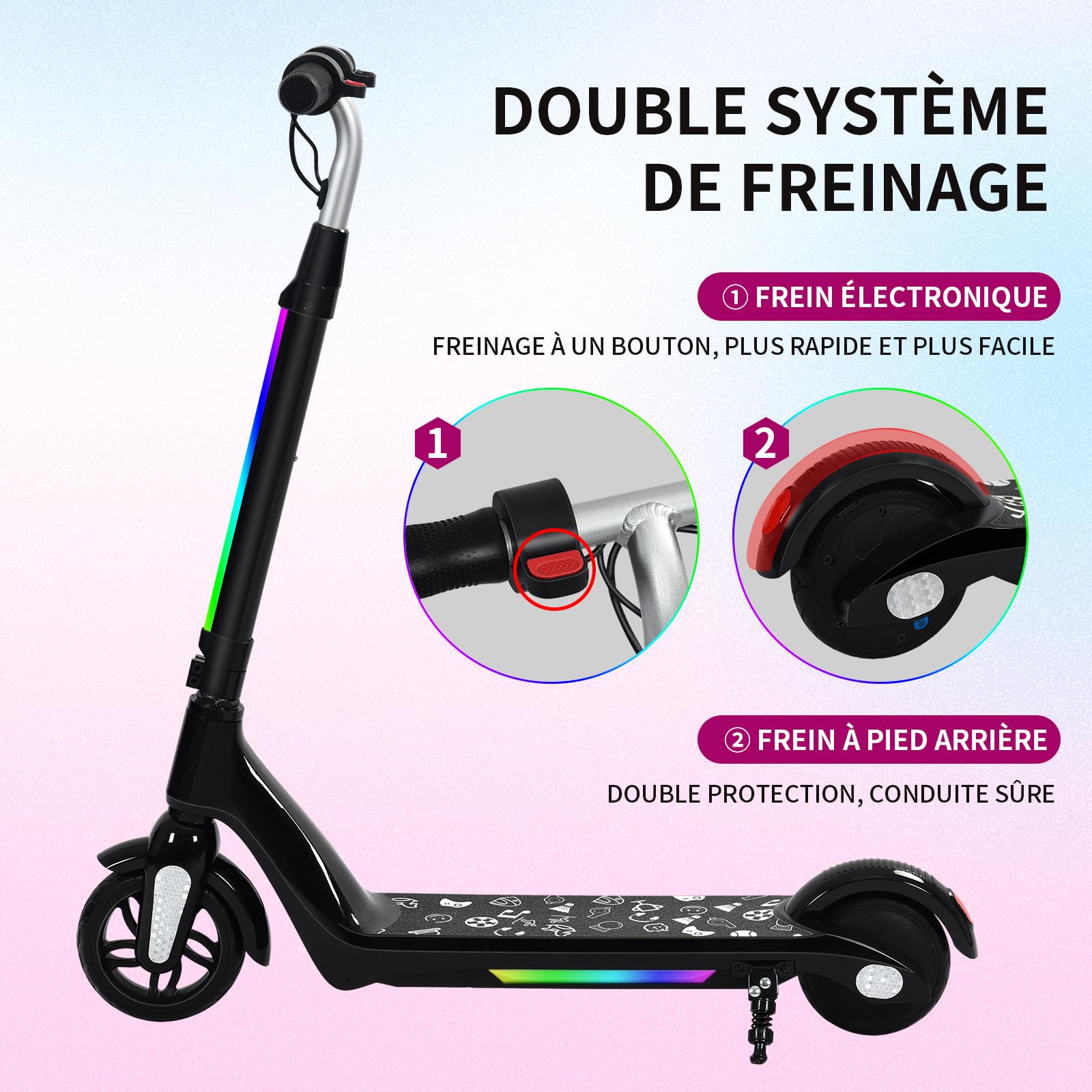 Trottinette Electrique Enfant 6 a 12 Ans, Lumières Arc-en-Ciel Colorées, Charge Max 50 Kg,Autonomie de 8 km, Affichage LED, Vitesse et Hauteur Réglables, Trottinette Electrique pour Enfants