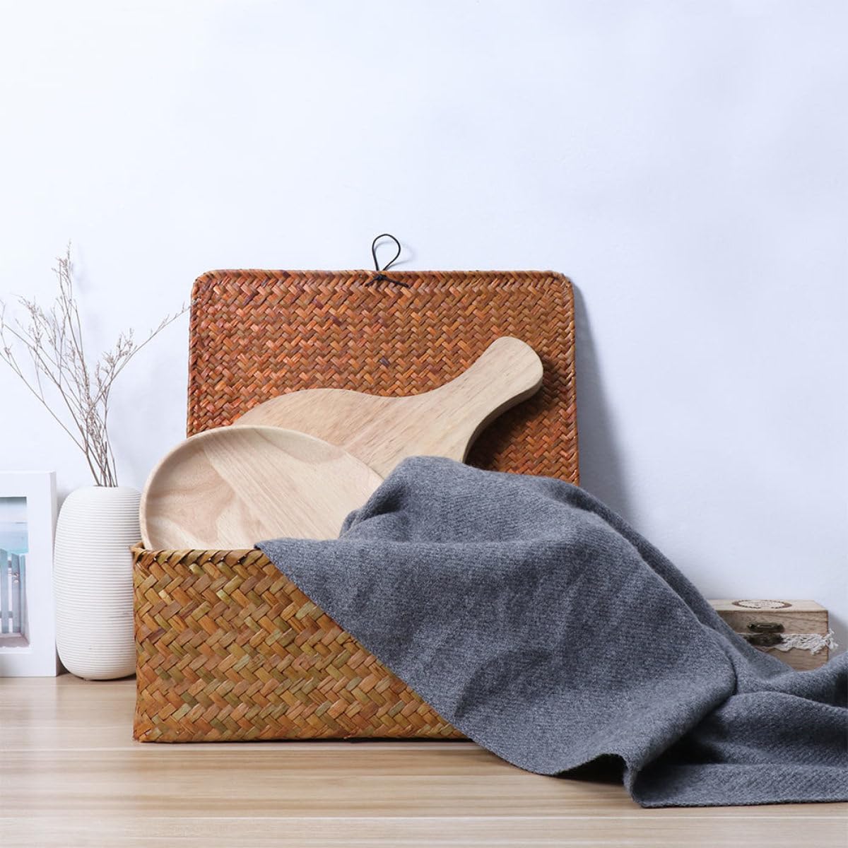 Ciieeo 2piezas Cajas De Almacenamiento De Natural Con Tapa De Cesto Organizador De Playa Para Juguetes y Ropa Mediano