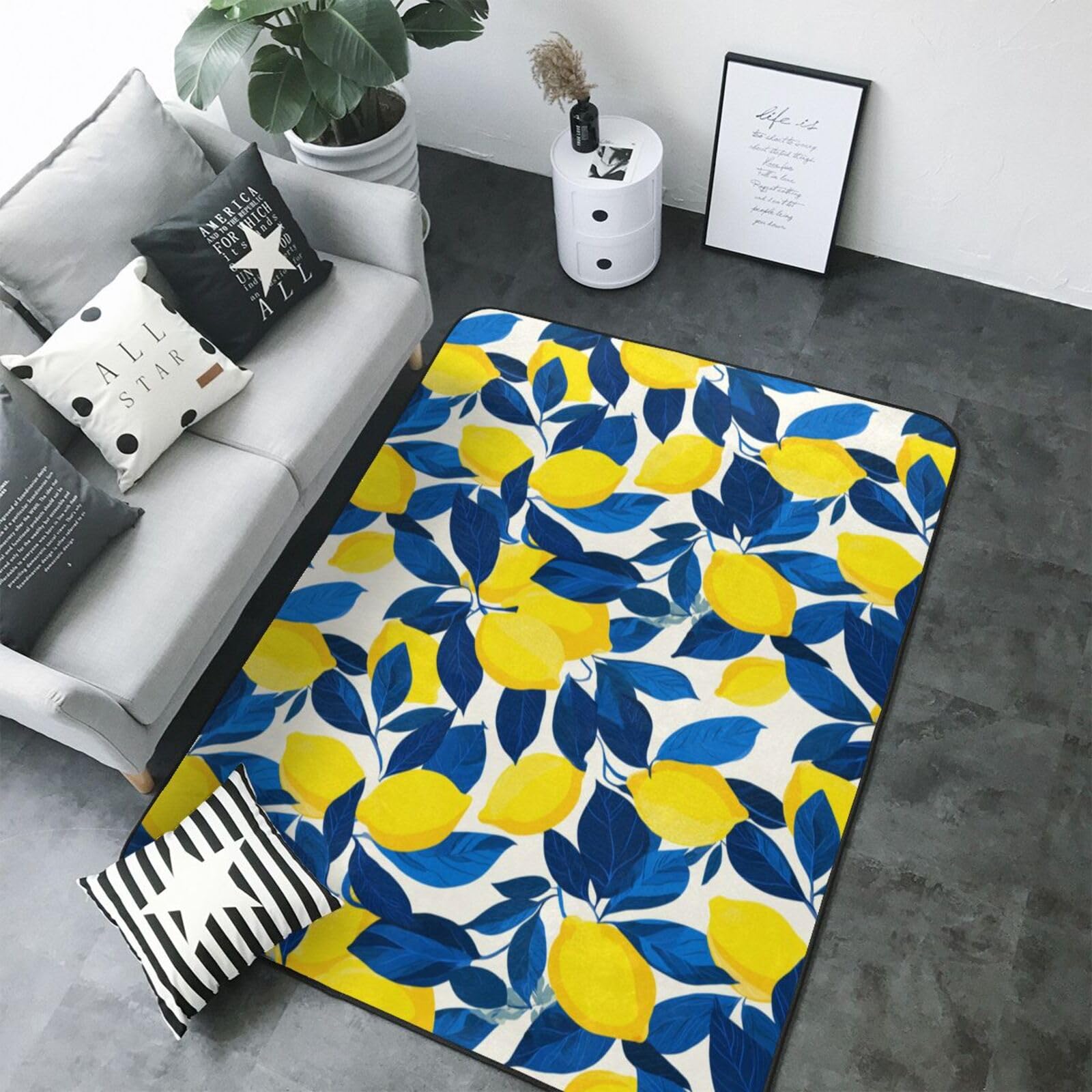 Grand tapis de salon 203x177 cm lavable et antidérapant motif citron bleu