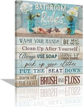Sea Turtles Wall Art, Rustic Bathroom Rules Canvas Prints, Nautical Decor Signs, Teal Picture Artwork, Framed Bath Laundry Home Decoration