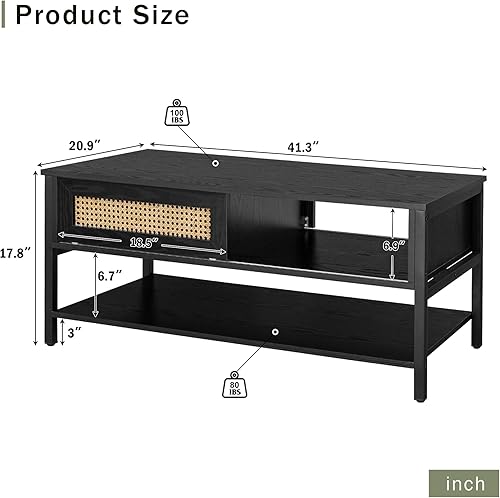 Miniatura 3 de Mesa de centro con puertas correderas de ratán natural, mesa de centro moderna de mediados de siglo con almacenamiento, mesa de centro de madera