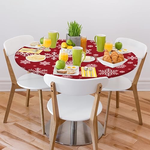 Miniatura 8 de Mantel redondo elástico de copo de nieve de Navidad para picnic de invierno Navidad, Papá Noel, mesa redonda impermeable para decoración de Navidad