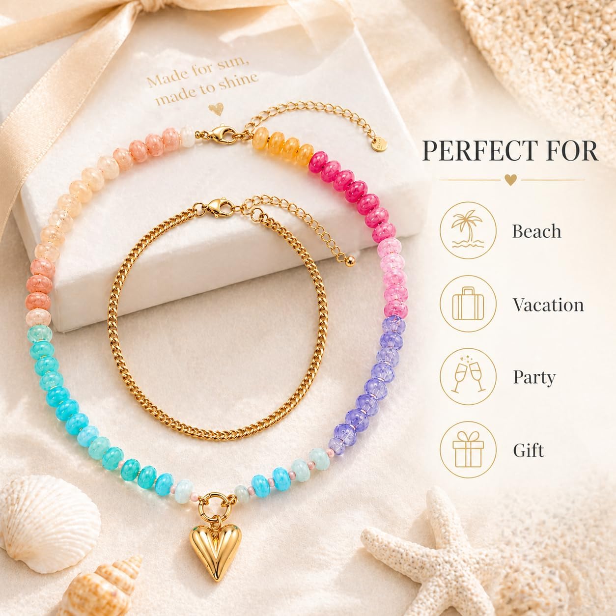 Dopamine Resin Beaded Necklace For Women, Colorful Boho Double Layer Rainbow Acrylic Beads Cuban Chunky Heart Pendant Necklaces Stackable Y2K Summer Beach Jewelry Gift