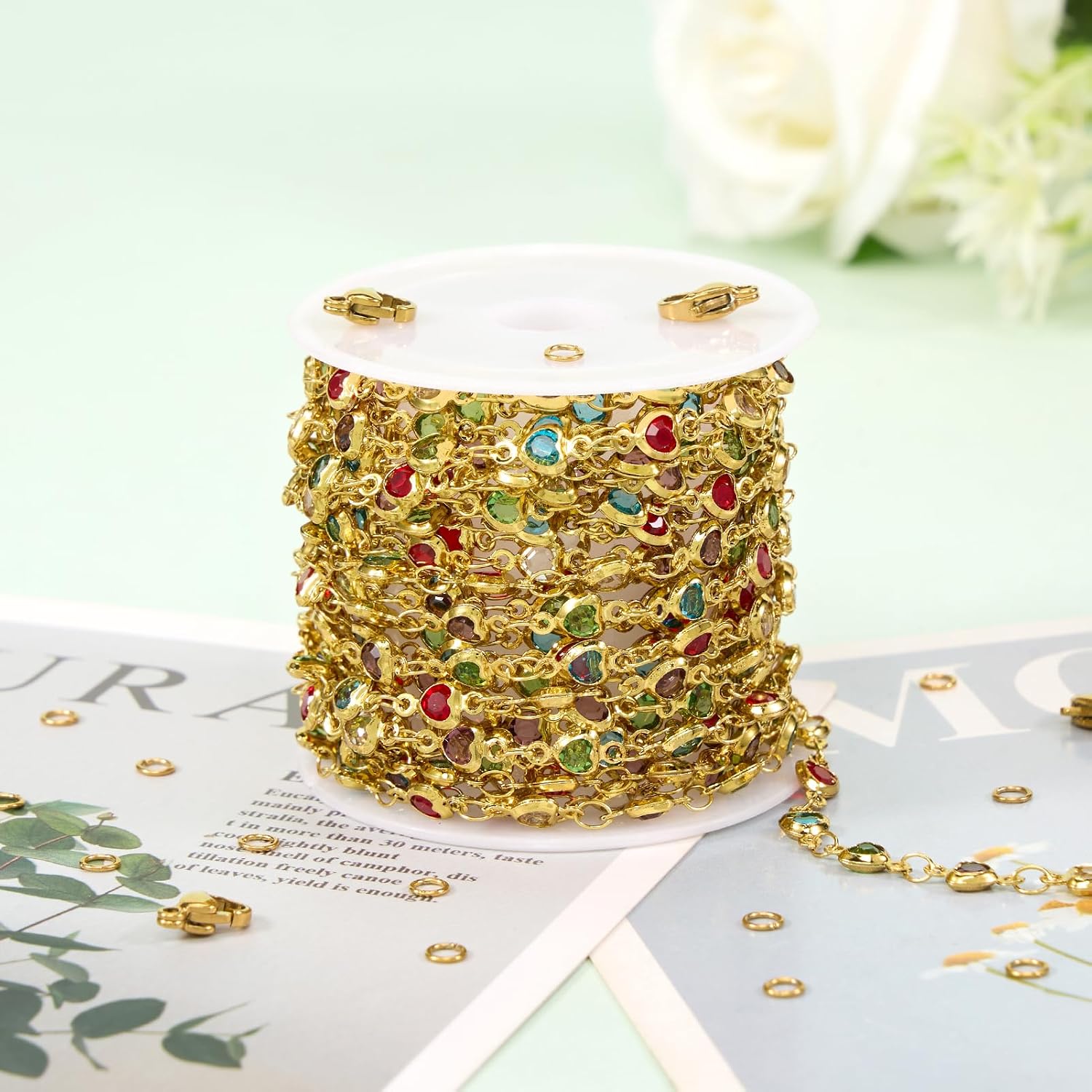 4 Meters Gold Plated Stainless Steel Chains for Jewelry Making Colorful Crystal Bead Jewelry Supplies Heart Rhinestone Chain with Lobster Clasps Jump Rings for Bracelet Necklace Make