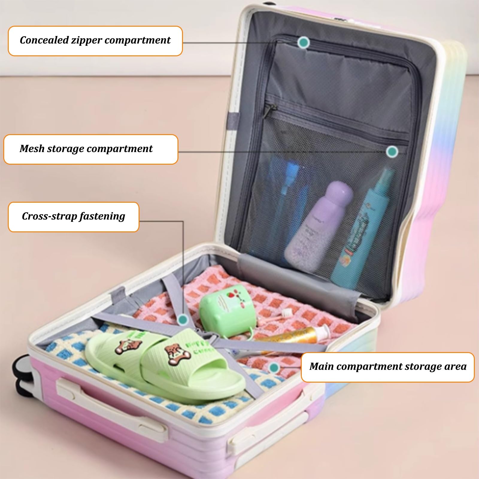 Maleta rígida con Ruedas, con reposapiés Plegable y Gancho, Ligera para Viajes de Negocios y Estudios(Rainbow,20")
