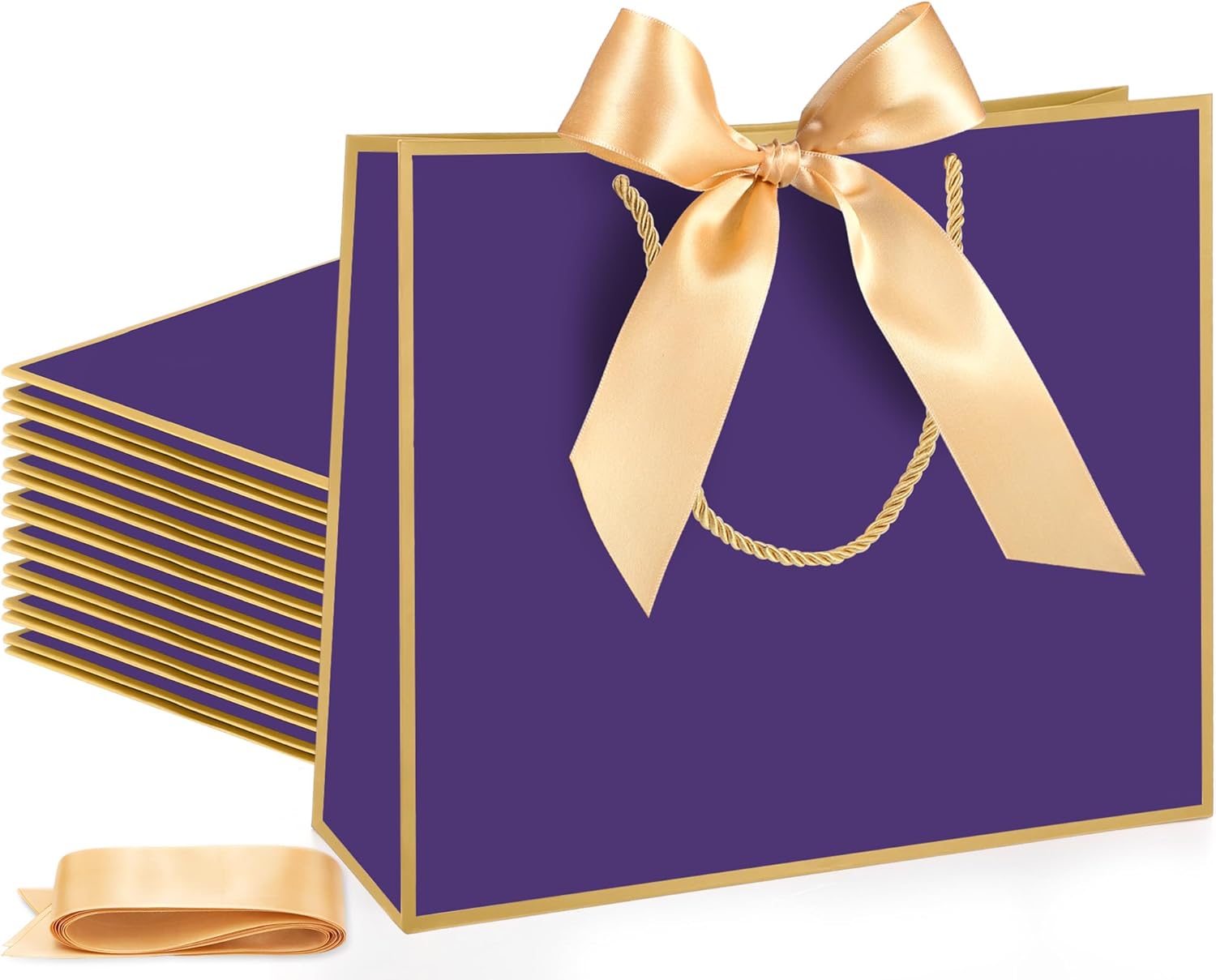 Silkfly Thank You Gift Bags with Handle 12x10x4'' Welcome Return Gifts Bag with Bow Ribbon for Wedding Bridesmaid Baby Shower Birthday Housewarming Employee Appreciation Day(Purple, Gold,12 Pcs)
