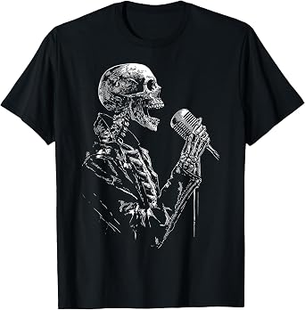 Skull Holds Microphone Singing Motif Portrait Artwork Skull T-Shirt