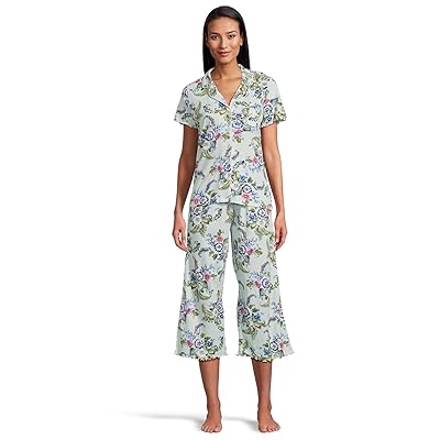 Karen Neuburger Petite Paisley Dreams Short Sleeve Notch Top And Capri Set With Lettuce Edges Women
