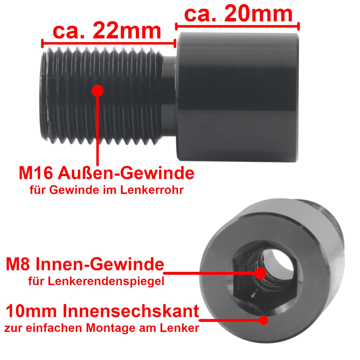 Area1 Adattatore per specchietto retrovisore per manubrio M8 per moto con filettatura M16 nel tubo del manubrio