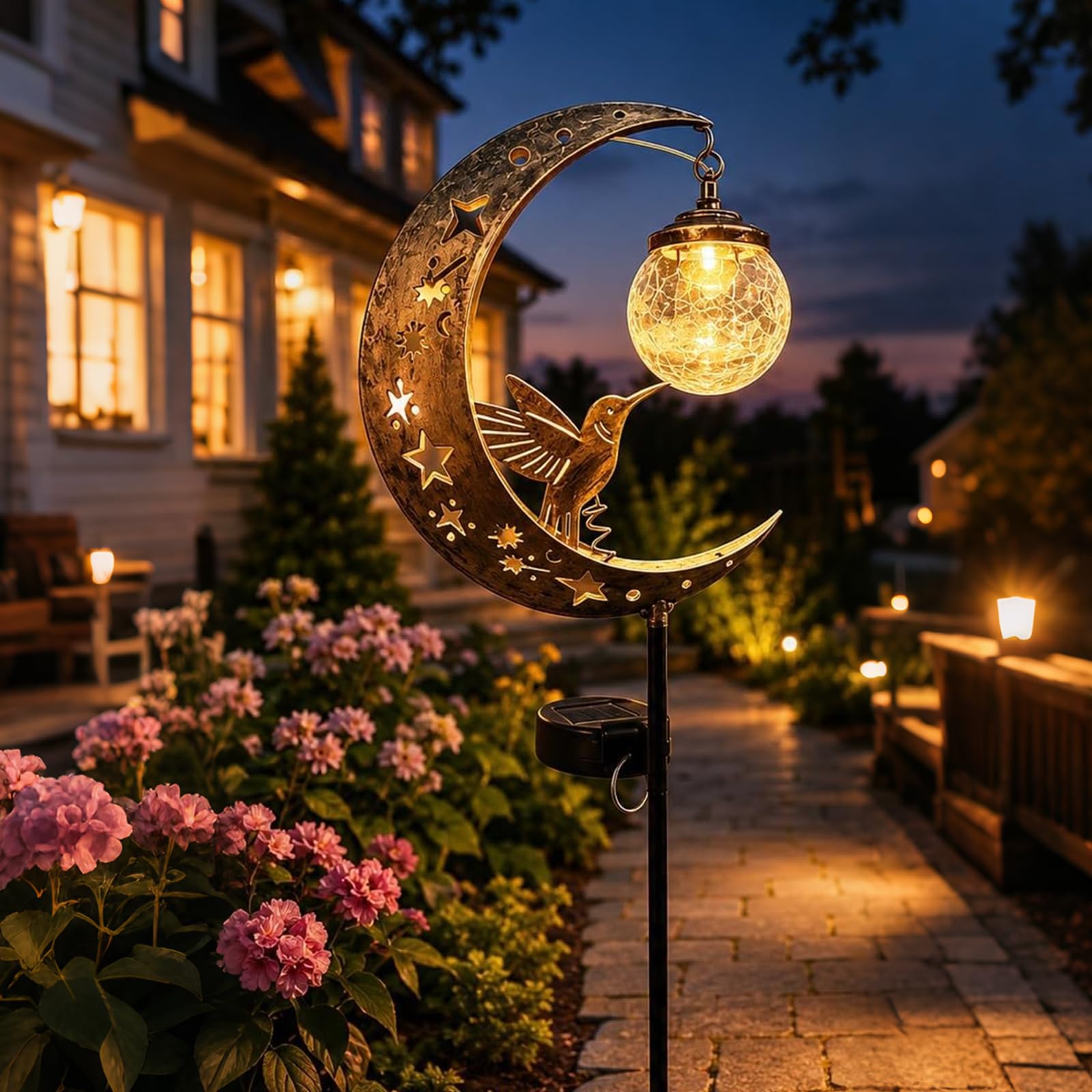 Solarlampen für Außen, Gartendeko für Draußen, Wetterfest Mond Solar Lichter mit Kolibri und Glaskugel, Schäferhaken für Braußen Gehwege Hof Terrasse Garten deko (3 Stück)
