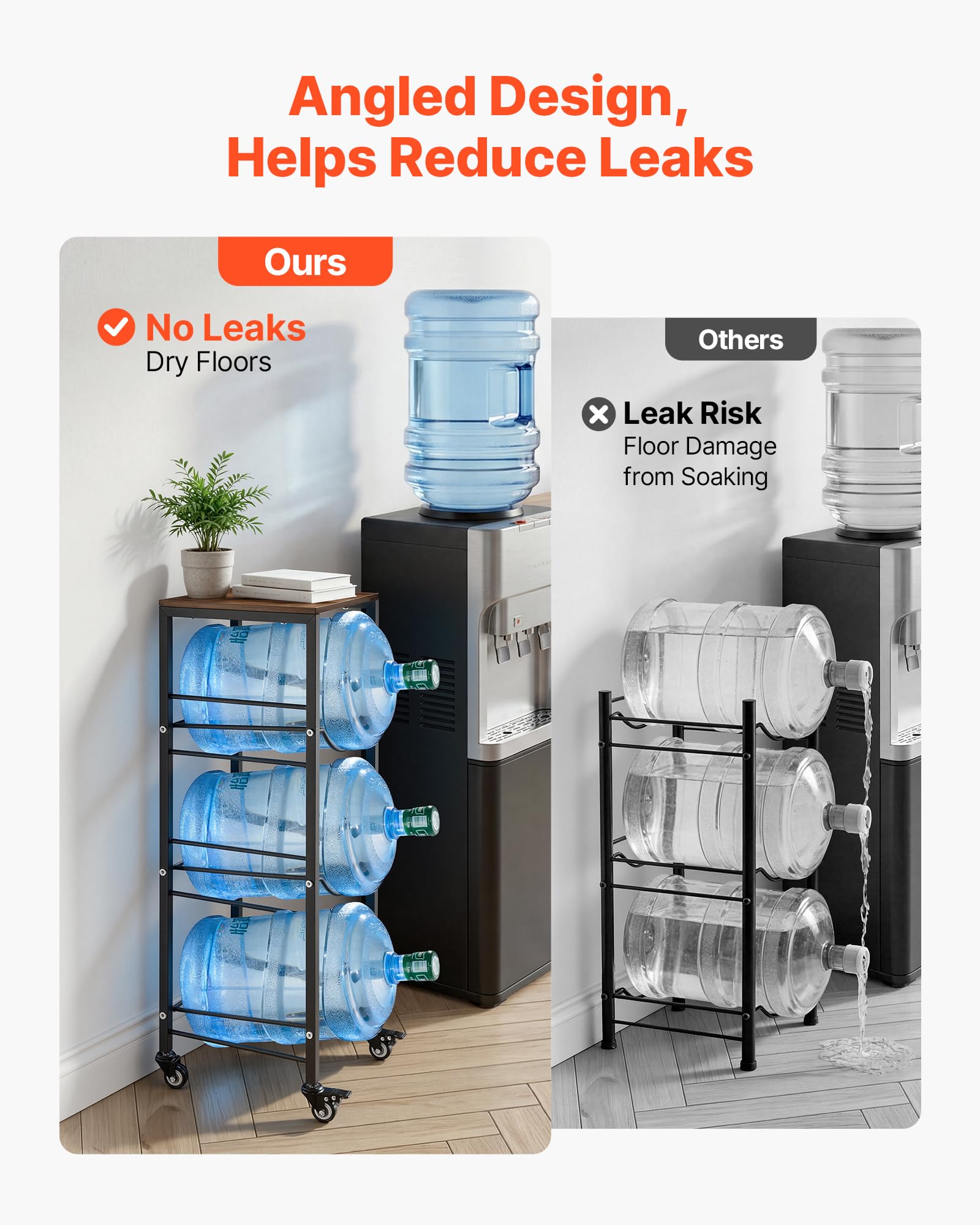 VEVOR Estante para Garrafas de Agua, Soporte para Botellones de Agua, Estantería con Ruedas con Freno para 3 Botellas con Estante Superior, Organizador de Almacenamiento para Oficina Comedor Salón