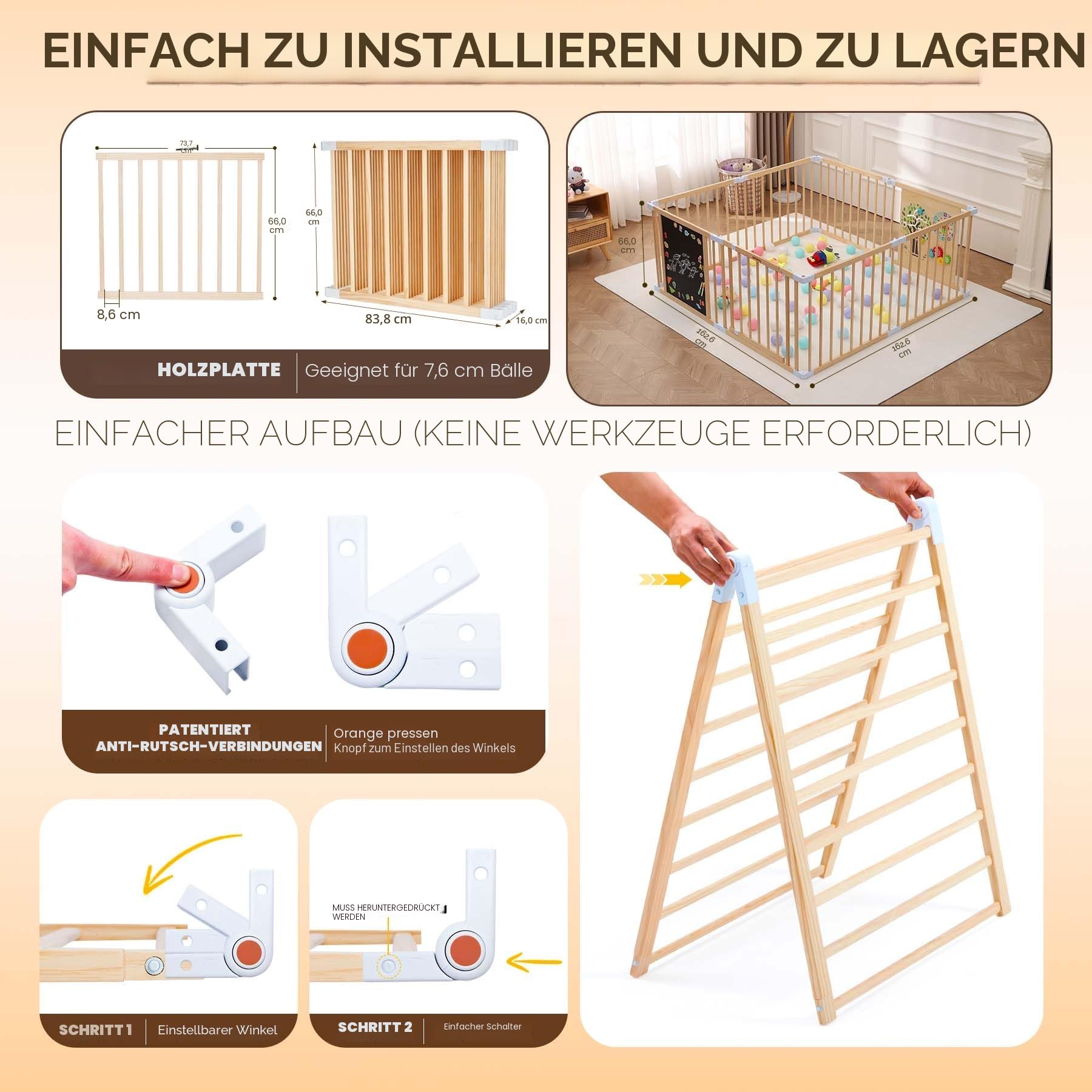 All-in-One Baby Laufstall aus Holz mit Tür – 8 Paneele (163 x 163 x 66 cm), faltbarer & erweiterbarer Laufgitter Baby, höhenverstellbarer Playpen mit Tafel & Montessori Board | baby zaun