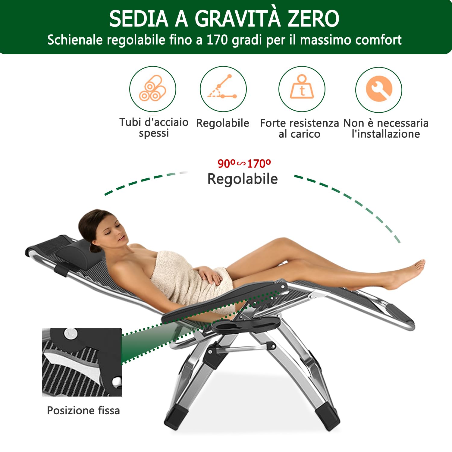 Sdraio da Giardino, Sedia Sdraio da Esterno Interno Lettini Pieghevole Sdraio Gravita Zero con Portabicchieri per Patio, Terrazzo, Spiaggia, Piscina (A-Cuscino nero, Set di 1)