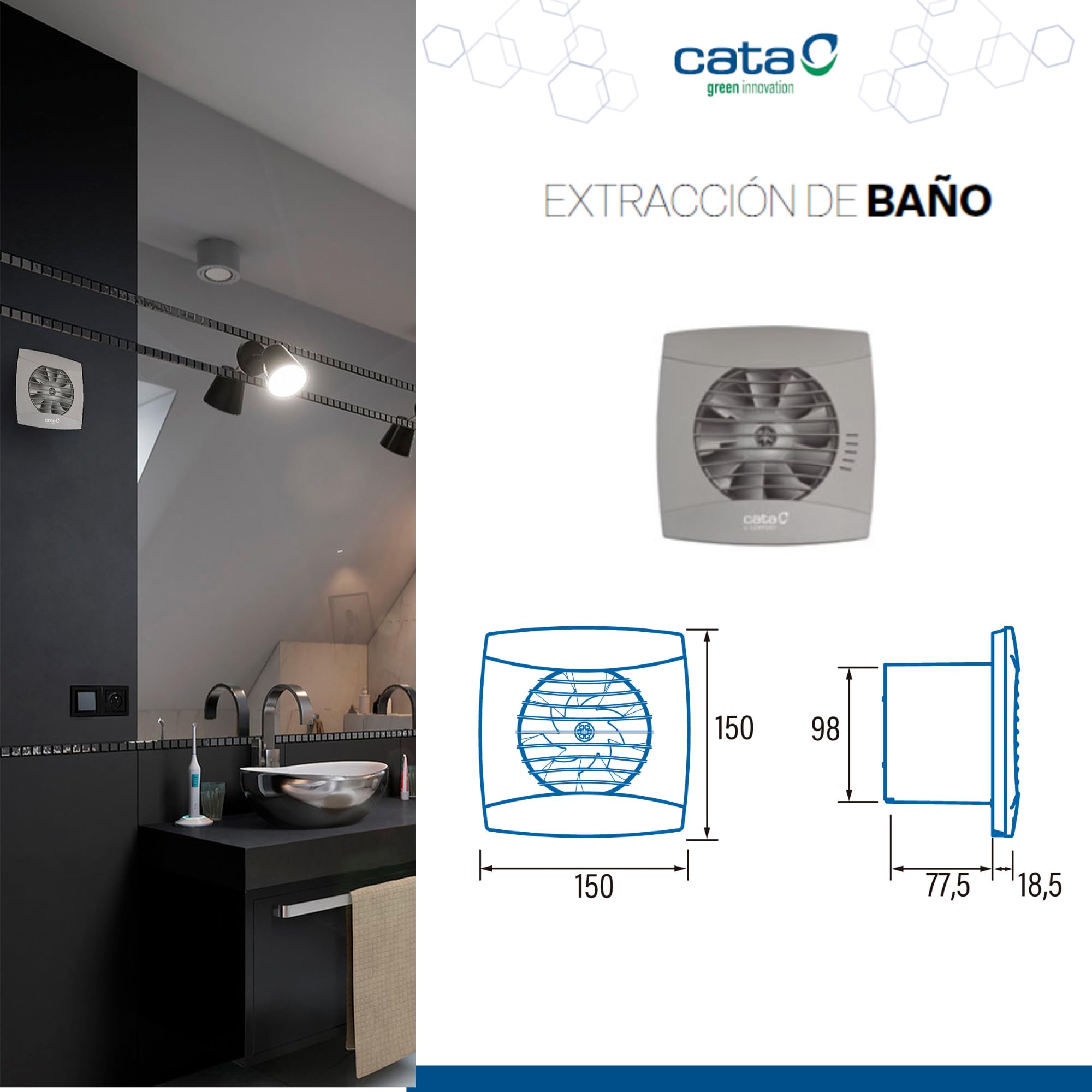 CATA Ekstraktor łazienkowy UC-10 HYGRO SILVER Bardzo płaska tarcza wymienny timer regulowana prędkość 2200 obr/min czujnik wilgotności cichy 26 dB przepływ 110m3/h moc 8 W lekki 0,65 kg kolor szary