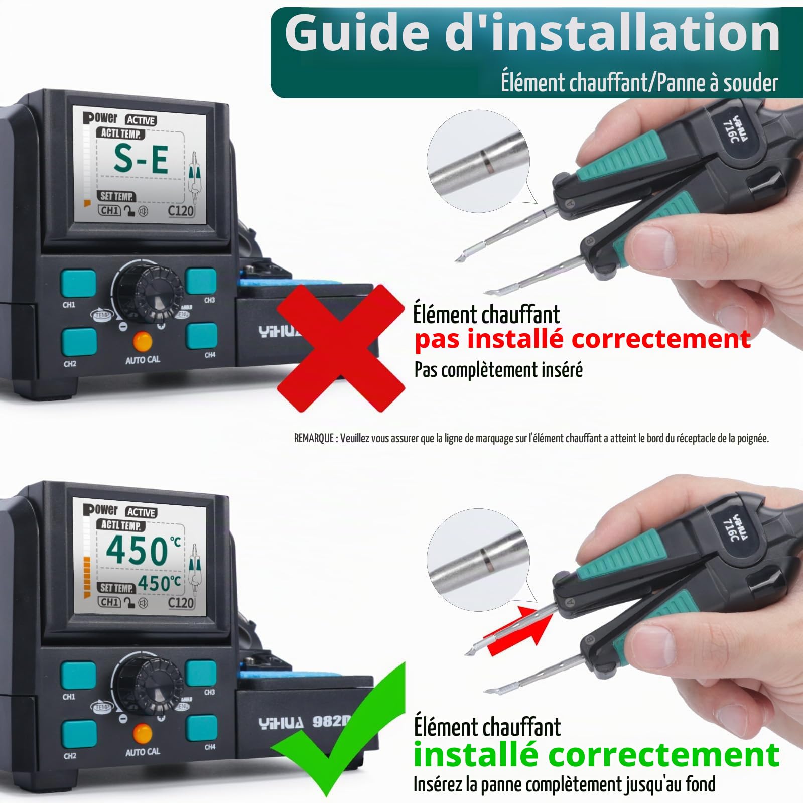 YIHUA 982D-I Station de soudage à pinces chaudes de précision avec 4 pointes de soudure, fil de soudure sans plomb, poignée compatible YIHUA716C calibration automatique de la température, mode veille