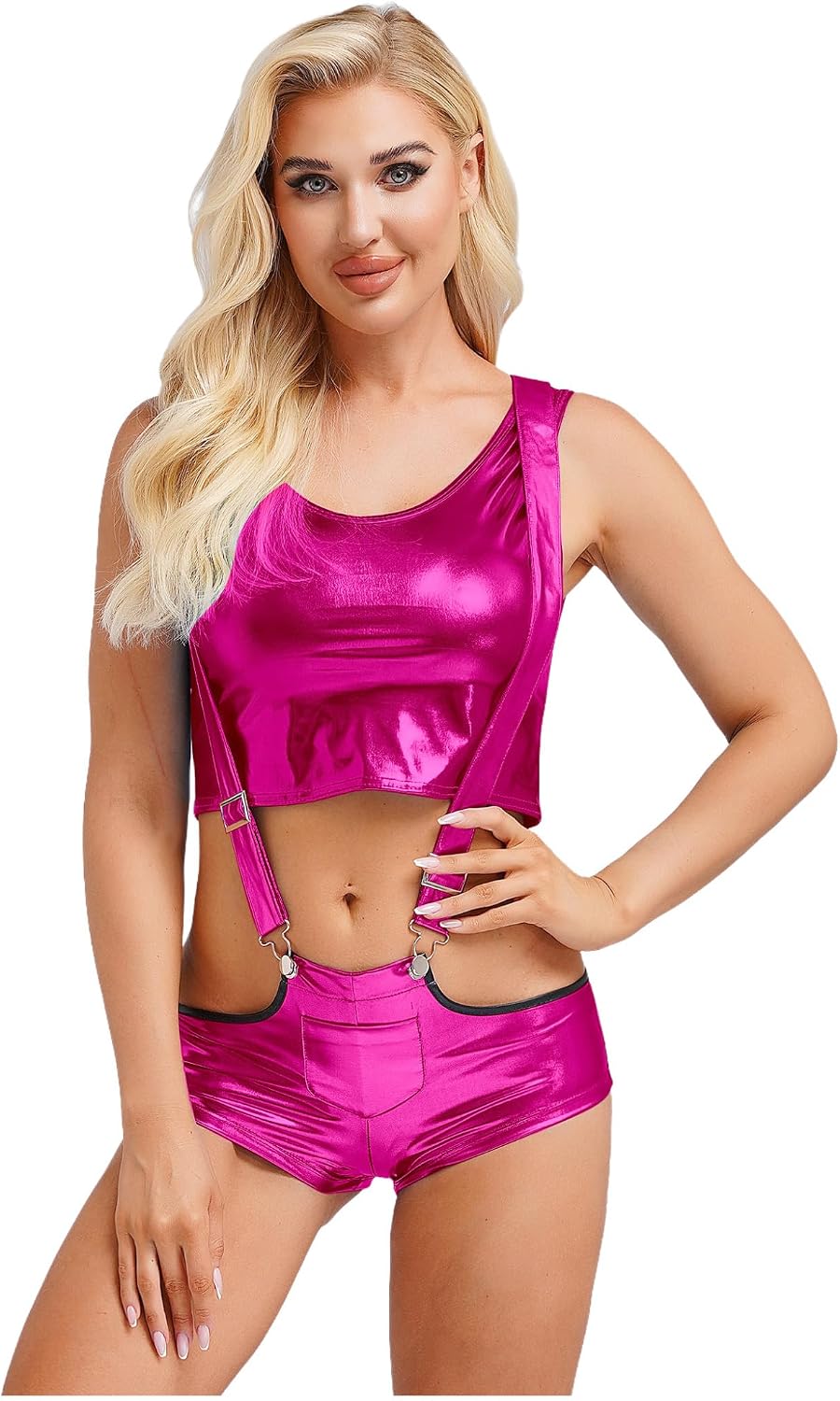 Lejafay Women's Metallic Suspender Booty Shorts Hot Pants Shiny Holographic Rave Dance Festival Bottoms