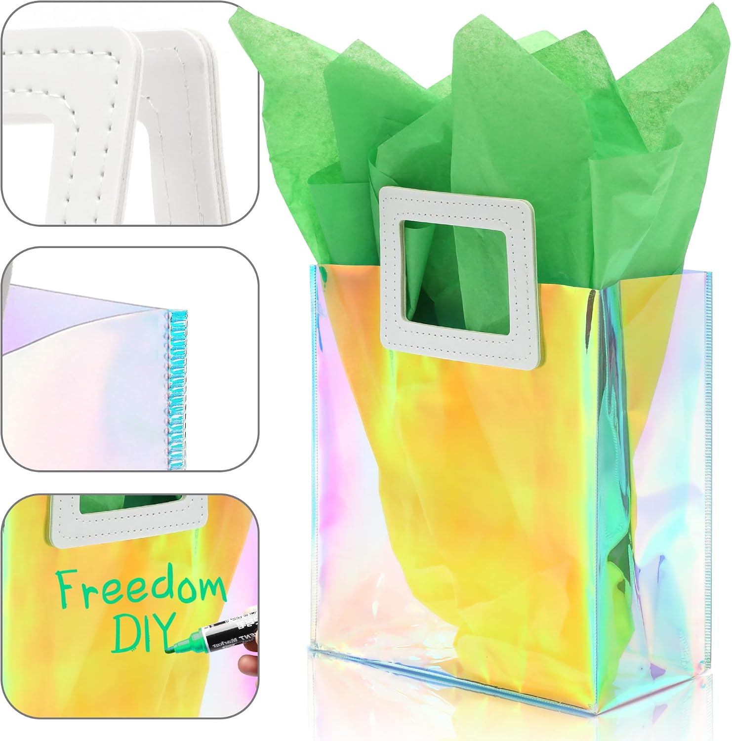 KeerxunBag 1 Pack Holographic Gift Bags with Handles & 2 Tissue Paper Sheets – Iridescent Transparent Reusable Bags for Women, Girls, Birthdays, Weddings，Green Gift Bag image 3