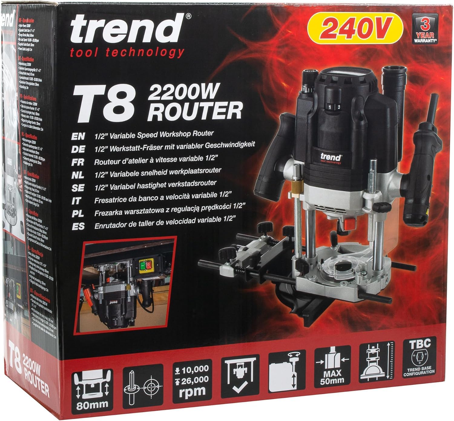 Trend T8 12mm Dual-Mode Oberfräse für die Werkstatt, Entwickelt für den Einsatz per Hand und am Frästisch, 2200 W, 230V, Schwarz, T8EK/EURO