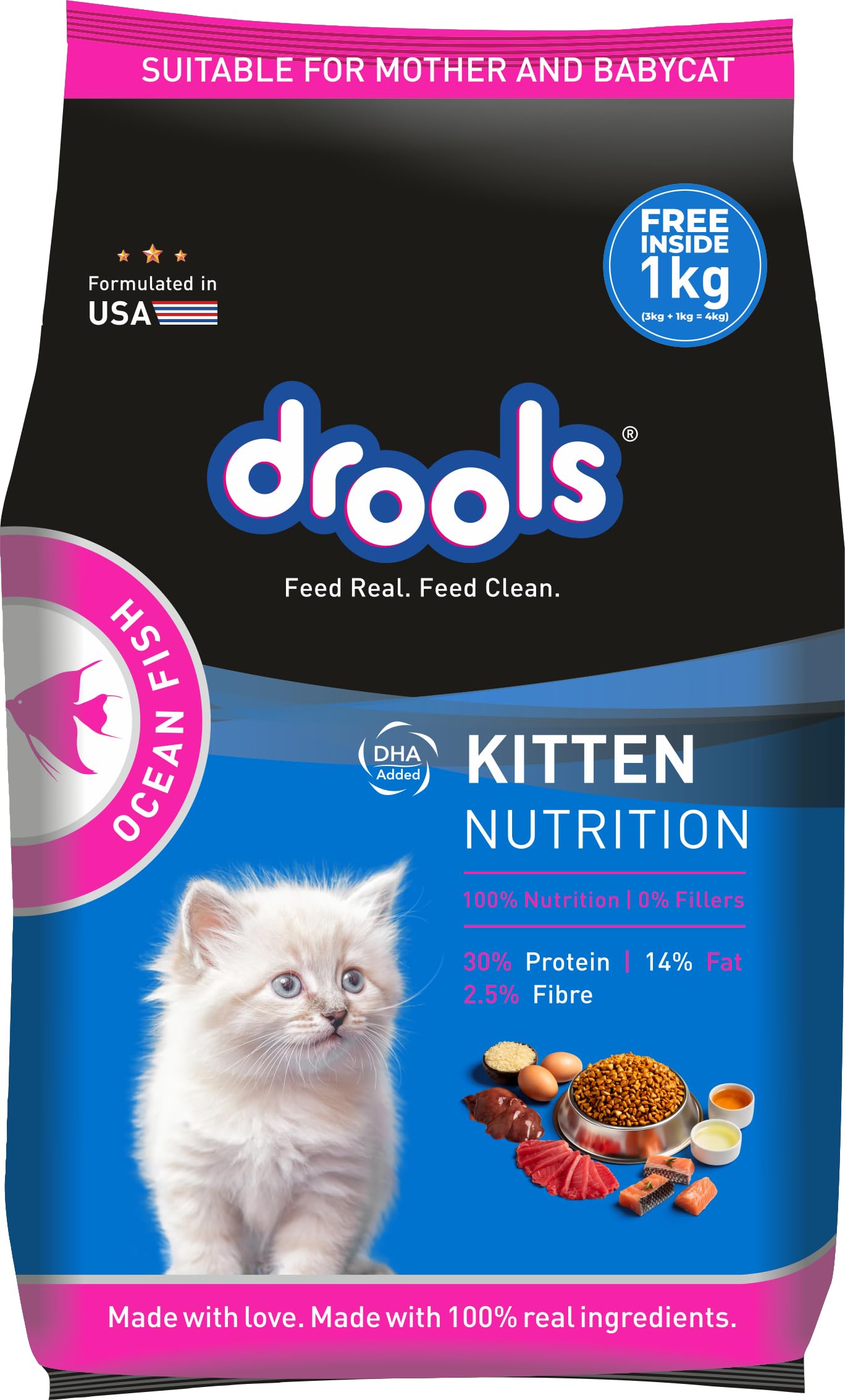 kitten(1-12 months) dry cat food, ocean fish, 4kg (3kg + 1kg food free inside)