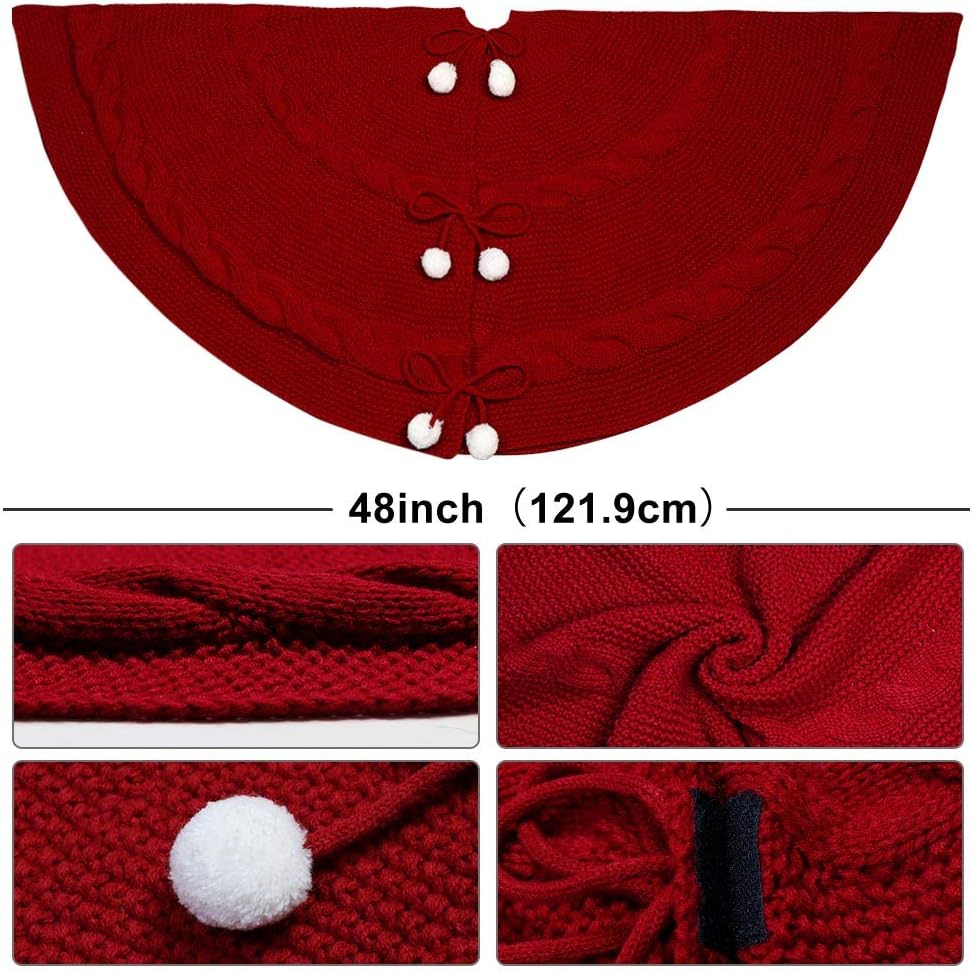 AerWo 48inch Deep Red Christmas Tree Skirt, Thick Luxury Knit Christmas Tree Skirt, Double Layers Rustic Christmas Tree Skirt Ornament with 6 Snowballs for Christmas Xmas Tree (5 ft to 7ft )