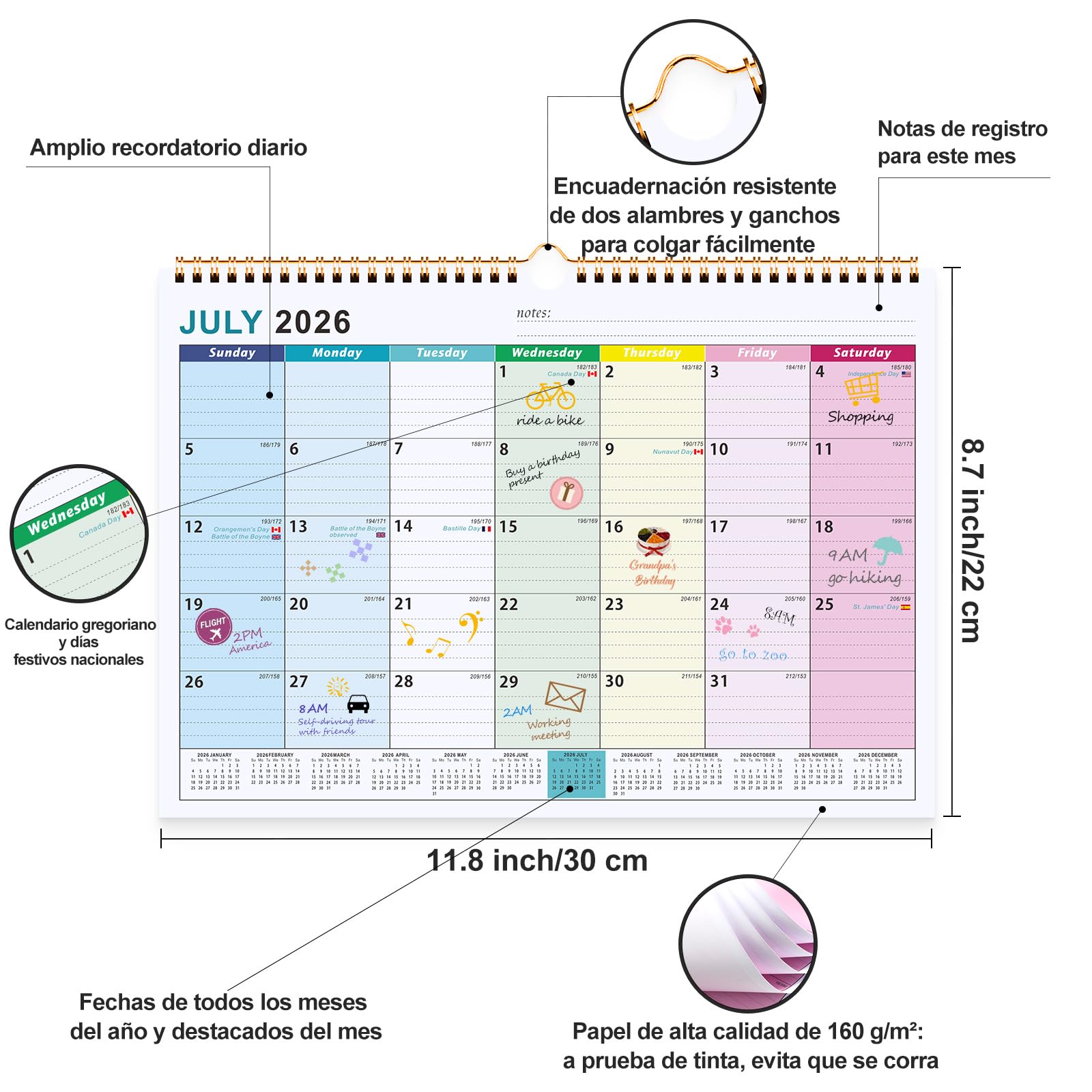 Benjia Calendario de pared 18 meses, calendar de mesa Julio 2026 - Diciembre ​​2027, A4 calendari planificador mensual, agenda calendario niños escolar 2026/2027 pared (Coloridas)
