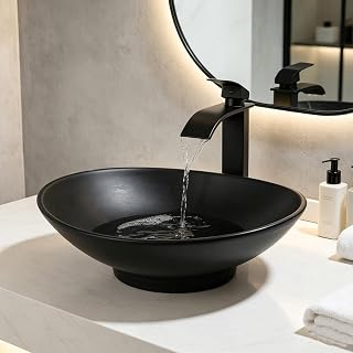 Black Oval Bathroom Vessel Sink with Faucet and Drain Combo