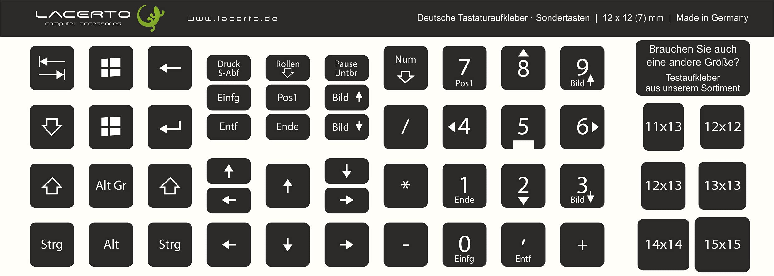 Pegatinas alemanas para teclados de ordenador y portátil | Set incluye teclas adicionales (12 x 12 mm, negro)