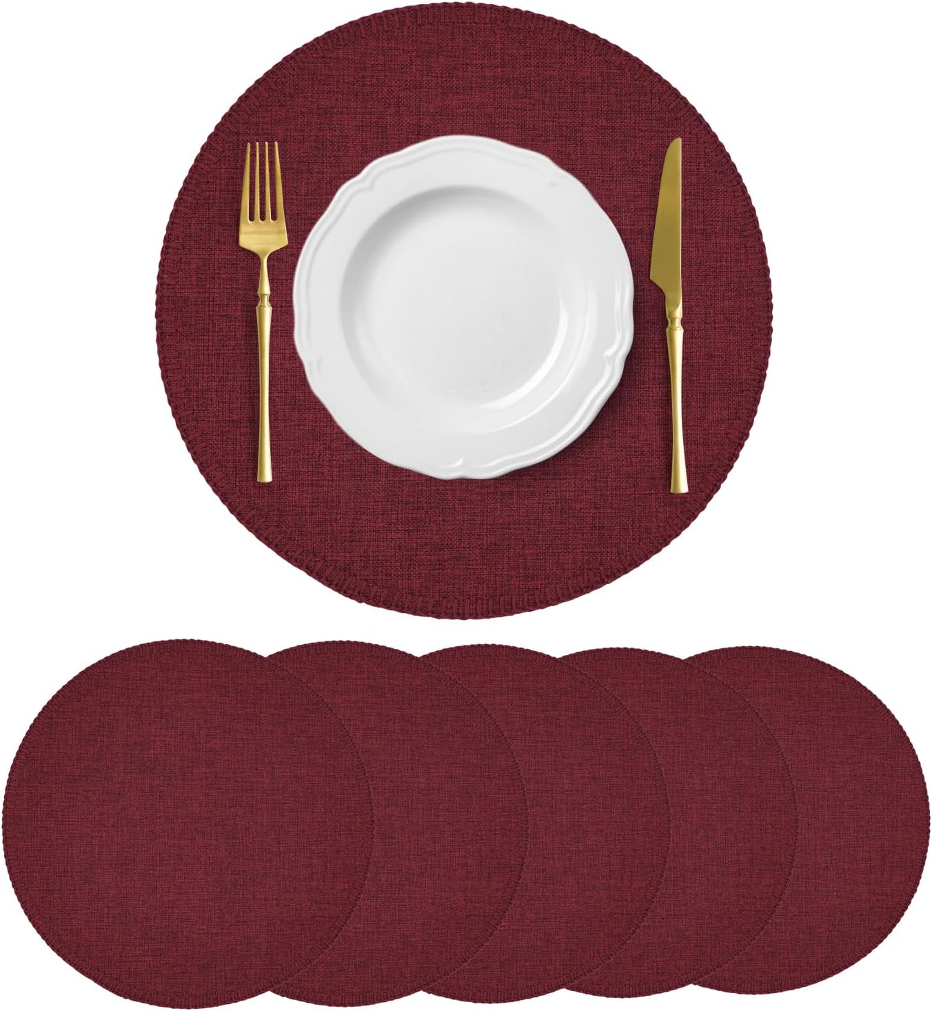Round Placemats Set of 6, 15 Inch Linen Fabric Table Placemats, Heat Resistant, Wrinkle Free Washable Placemats Kitchen Place Mats Set of 6 for Dining Table Party Table (Wine Red, 6)