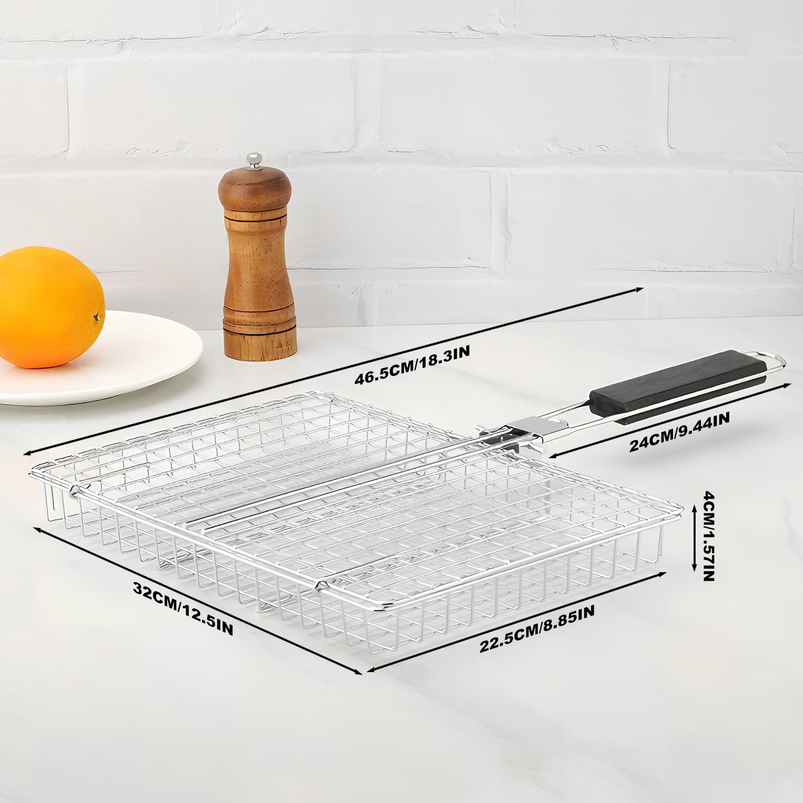 Grillkorb, Faltbare Tragbar Grillkörbe aus Edelstahl mit Aufbewahrungsbeutel, Fischgrillgitter mit Abnehmbarem Griff und Bürsten, Grillhalter für Fisch, Gemüse, Fleisch