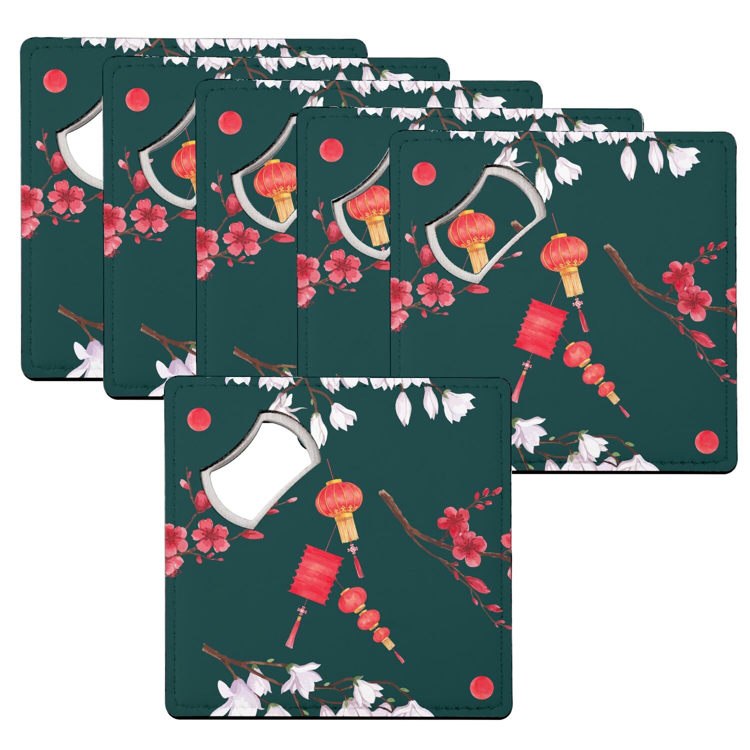 Sous-verre décapsuleur lanterne florale style japonais - Lot de 6 dessous de verre 92x92 mm