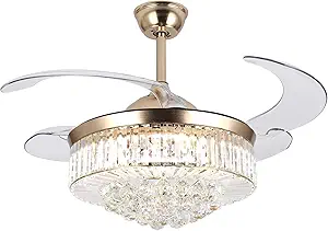 WWahuayuan 42" Ceiling Fans with Lights,Reversible Modern Crystal Ceiling Fans Light with Remote Control,3 Color Changeable, 3 Speed, 4 Retractable ABS Blades for Living Room Dining Room Decoration