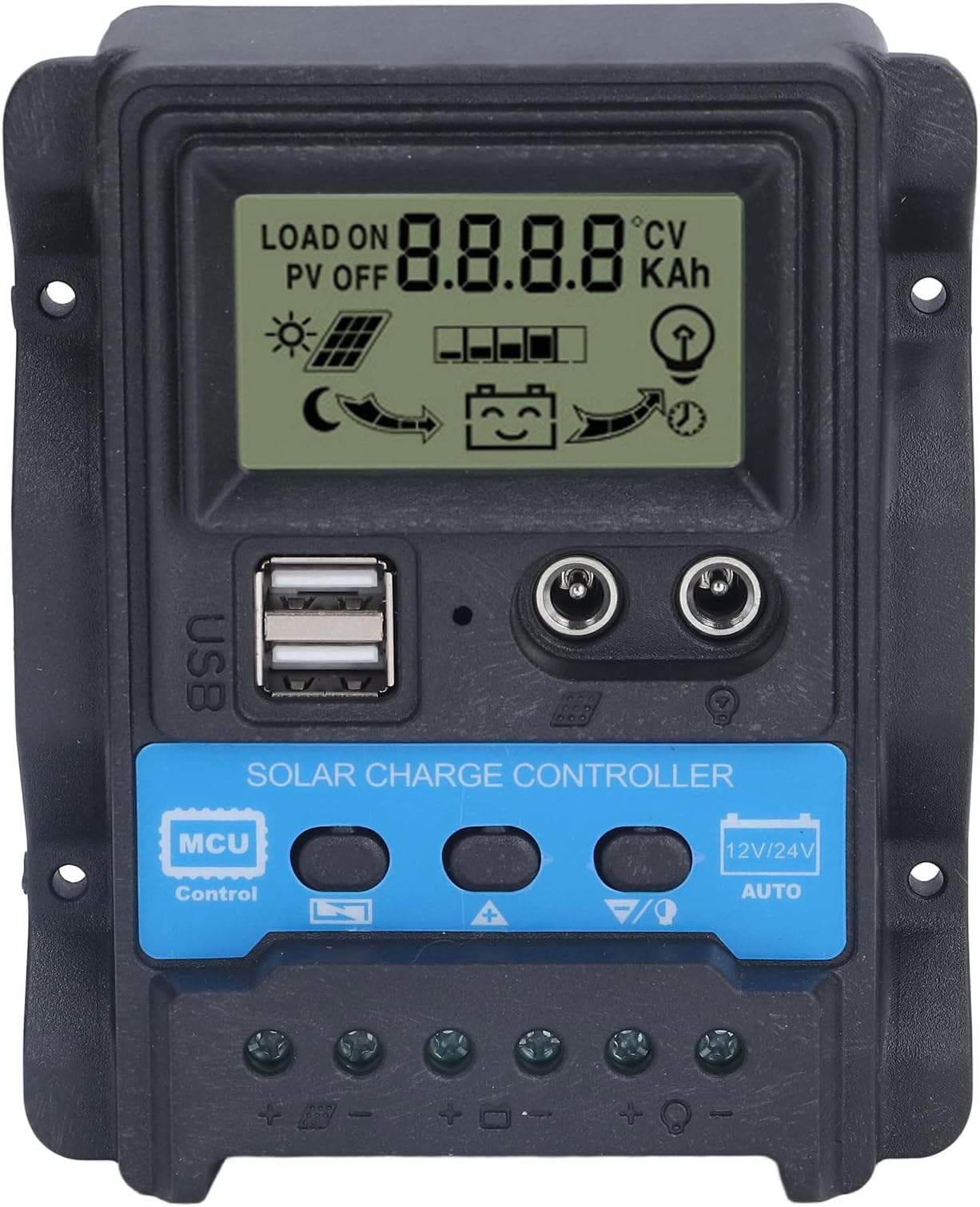 Solar Charge Controller with LCD Display, PWM Solar Battery Regulator, Dual USB 5V 2.5A Fast Charging Output, for 12V 24V Systems with Overload Protection (30A)