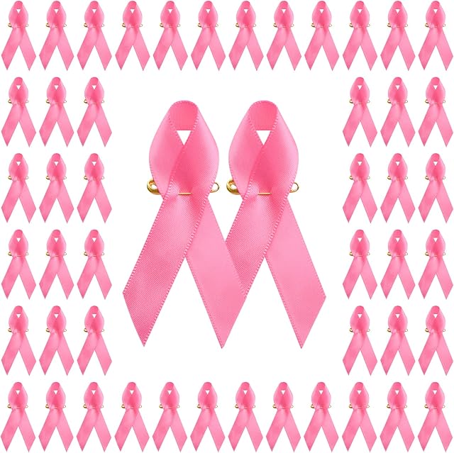 WANDIC 100 Pcs Pink Ribbon Satin Pins Pink Awareness Ribbon Pre-Cut Breast Cancer Awareness Ribbons For Women