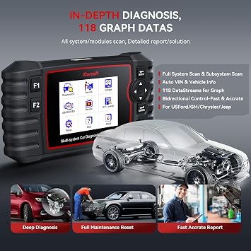 Full System Diagnostic Scan Tool for GM Ford Chrysler Jeep, iCarsoft US V2.0 Diagnose OBD2 Code Reader-Reset/Calibration, Battery Registration for Buick/Chevrolet/Cadillac/GMC -16PIN OBDII Adapter