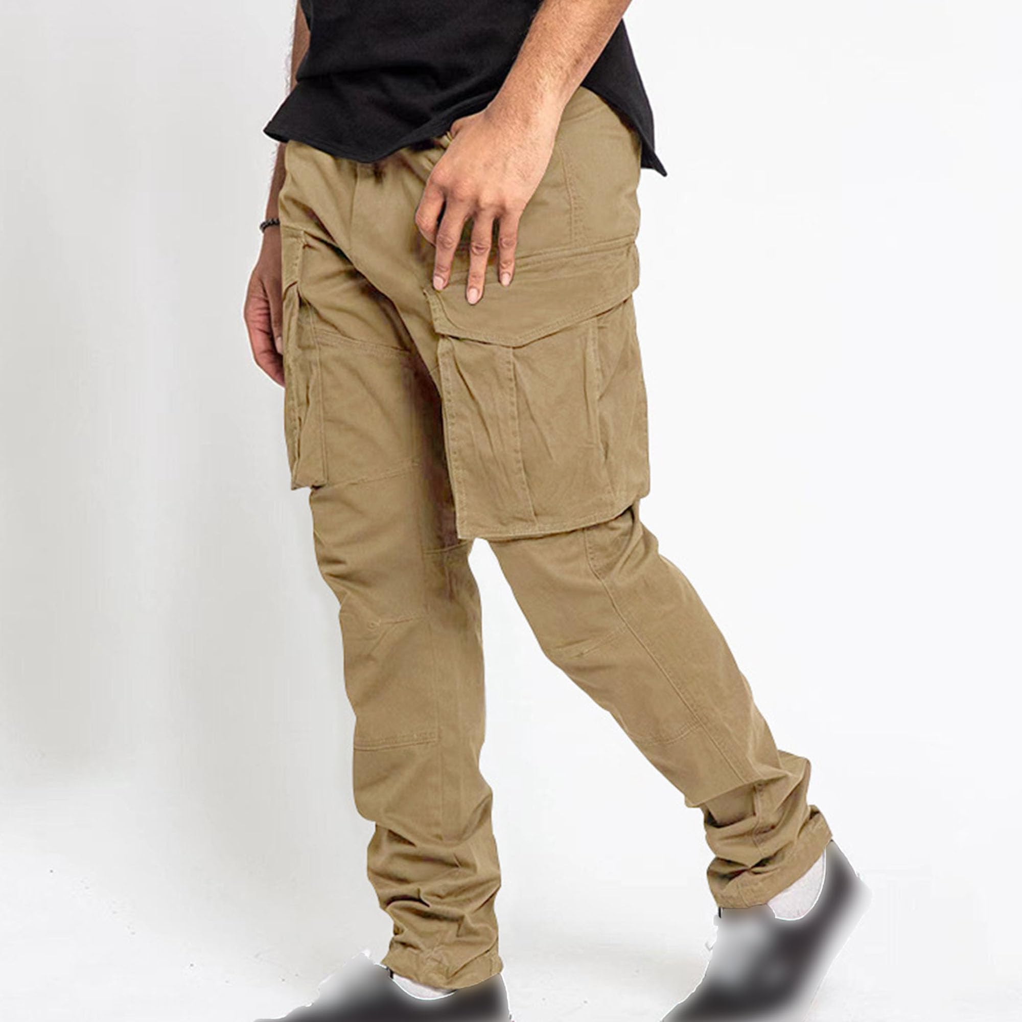 Men's Relaxed Fit Workout Cargo Pants Casual Outdoor Hiking Pant Multi Pockets Straight-Fit Jogger Streetwear Trousers (Khaki,Medium)