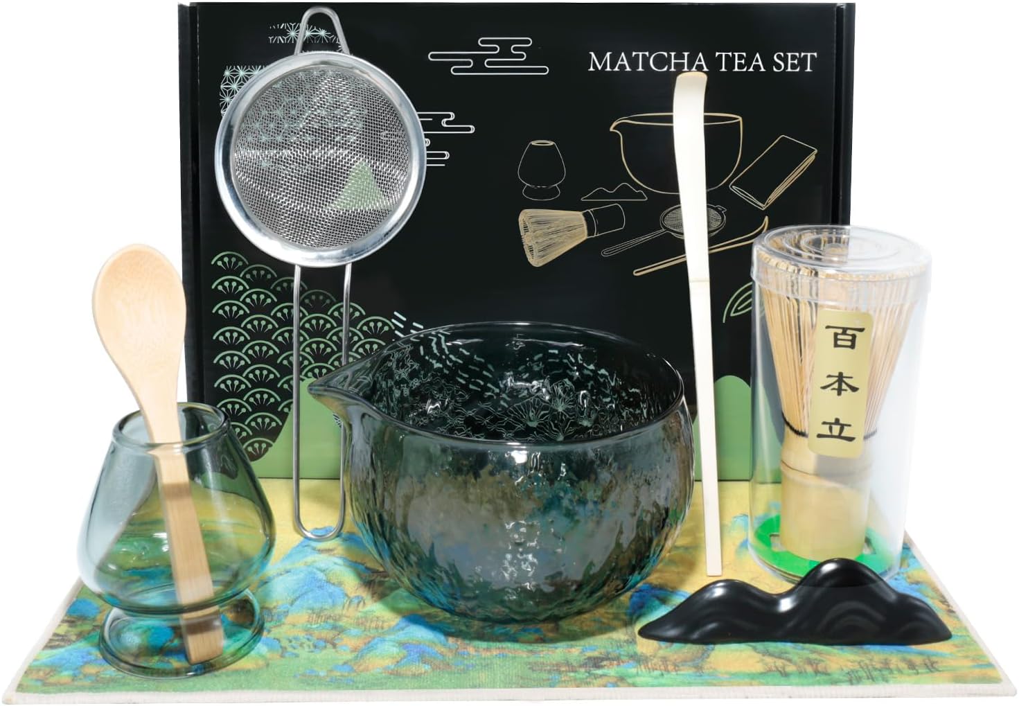 Japanese Matcha Set – (8 pcs) Matcha Whisk Set Matcha Bowl with Pouring Spout Bamboo Matcha Whisk (chasen) Scoop (chashaku) Matcha Whisk Holder Tea Making Kit (8pcs/set, Gray Matcha bowl)