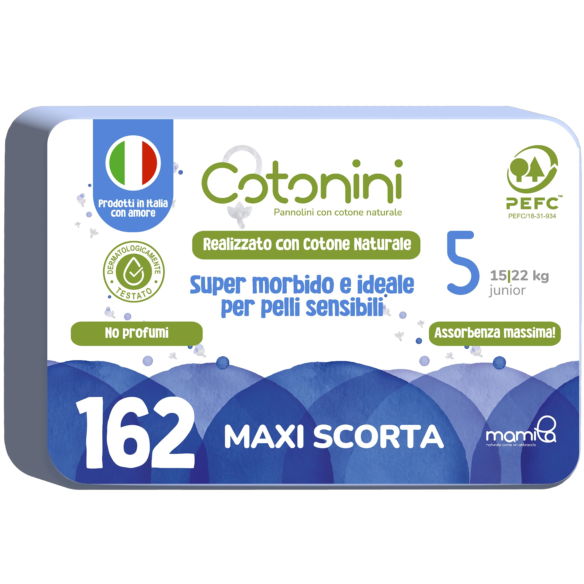 Mamila Pieluchy Cotonini Classic z bawełny | Pieluchy Rozmiar 5 (15-22 kg) Naturalna bawełna | Pakiet 180 pieluch dla niemowląt Noworodka