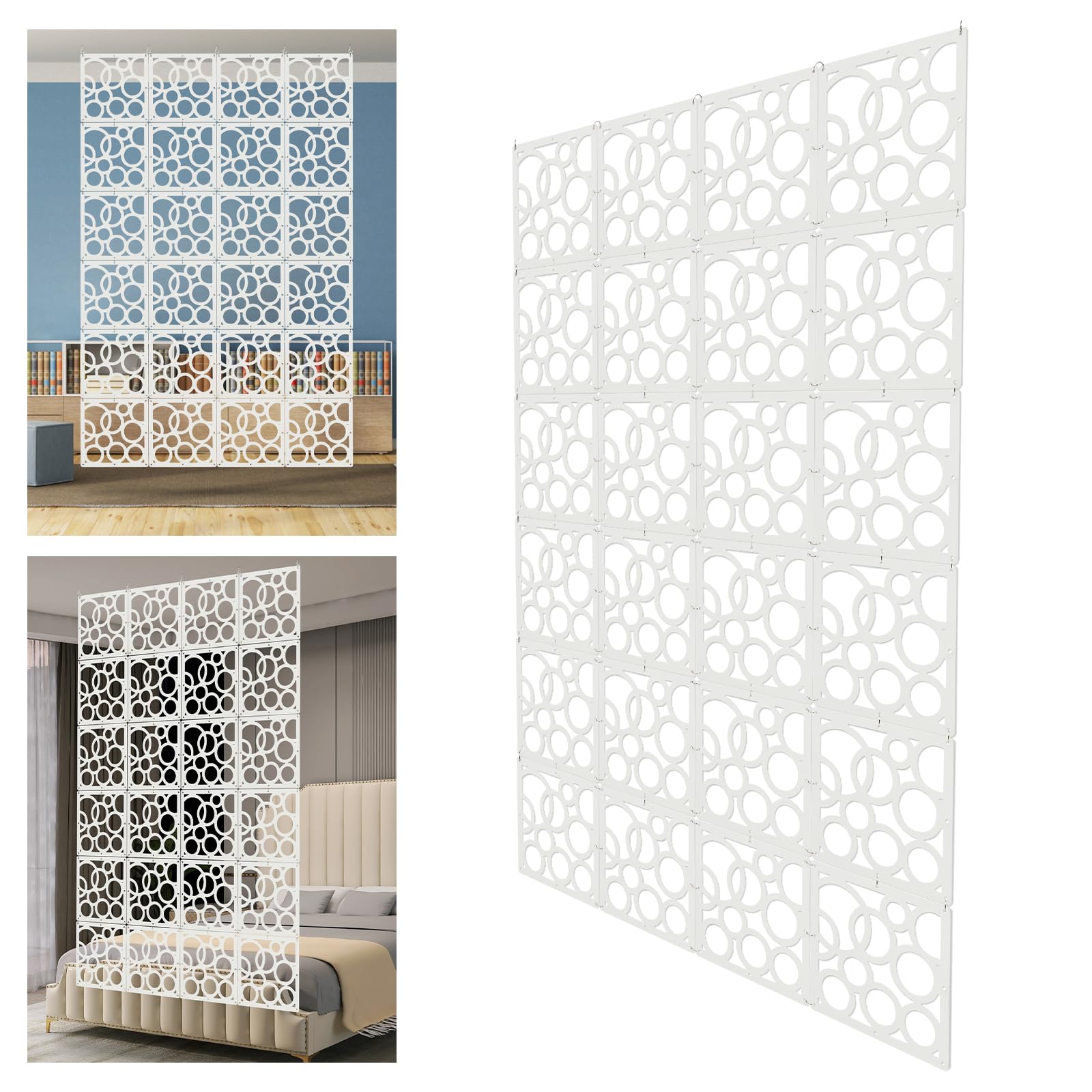 24PCS DIY Hängender Raumteiler Weiß, 29x29 cm (Modell C-Kreise) | PVC Hängesieb Raumteiler Paneele, Privatsphäre Raumteilerbildschirm für Zuhause, Hotel Dekoration