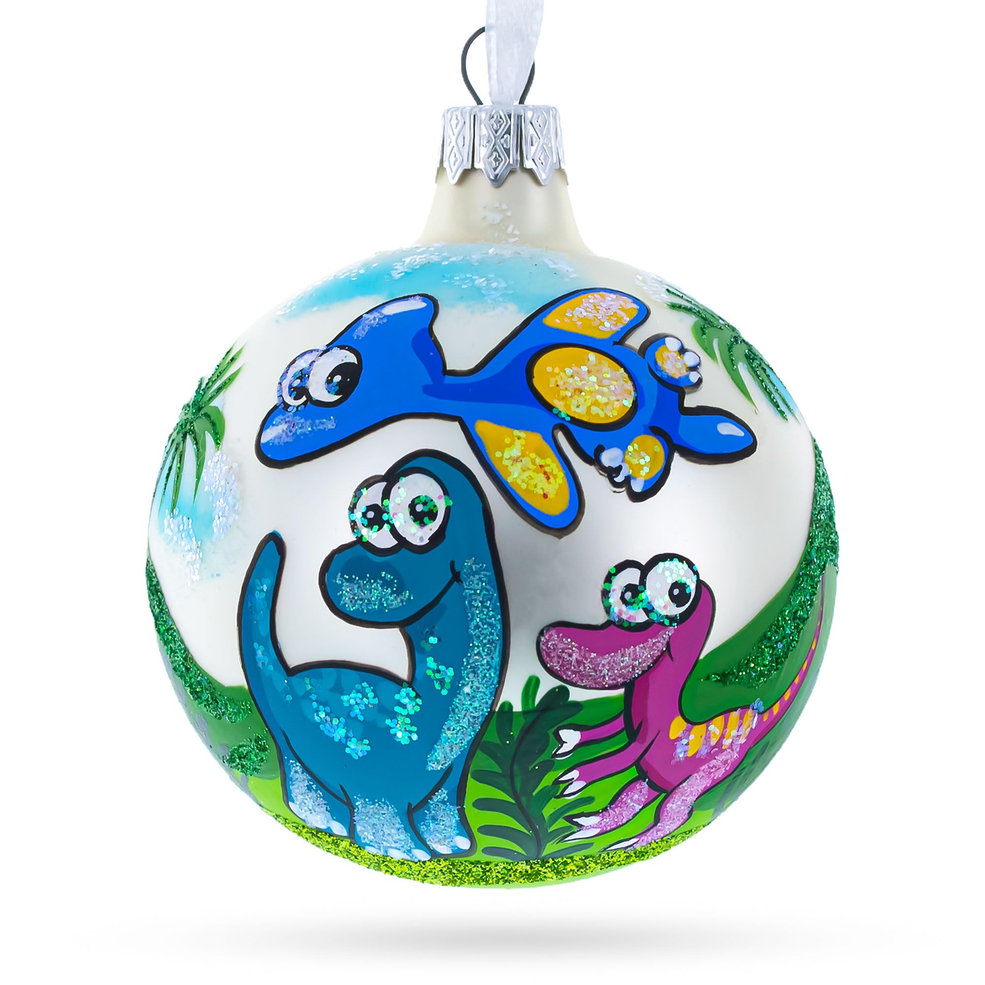 Boule de Noël dinosaures en verre 3.25 pouces antichoc branches