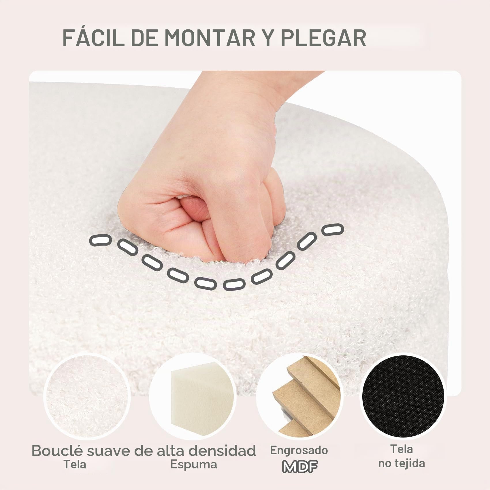 PINPLUS Puff con Almacenaje, Redondo Taburete Baúl Plegable con Tapa Reversible, 43x43x45 cm para Salón, Dormitorio y Pasillo, Blanco