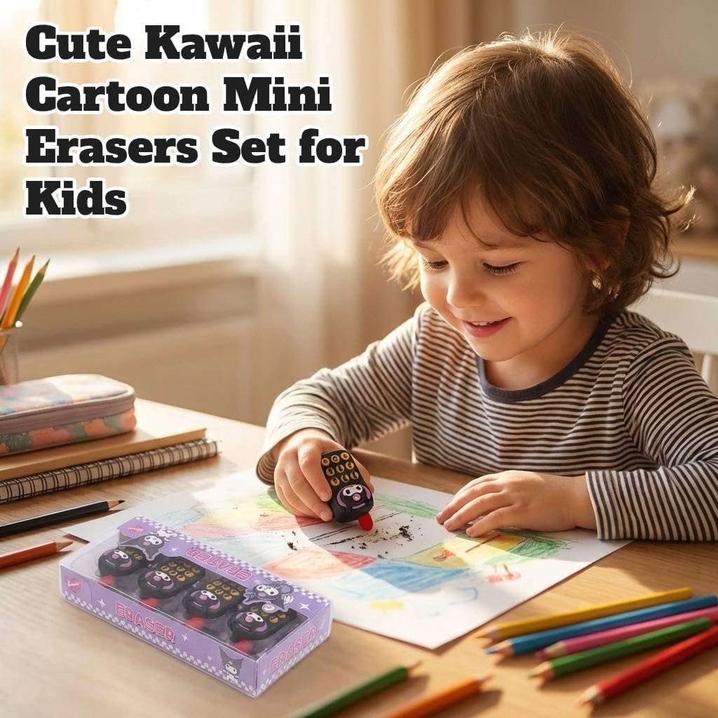 Cute Kawaii Cartoon Mini Erasers Set for Kids – Purple Theme Pencil Erasers Pack | Non-Toxic, School Supplies | Return Gift, Birthday, Stationery Kit for Girls & Boys (Pack of 8)
