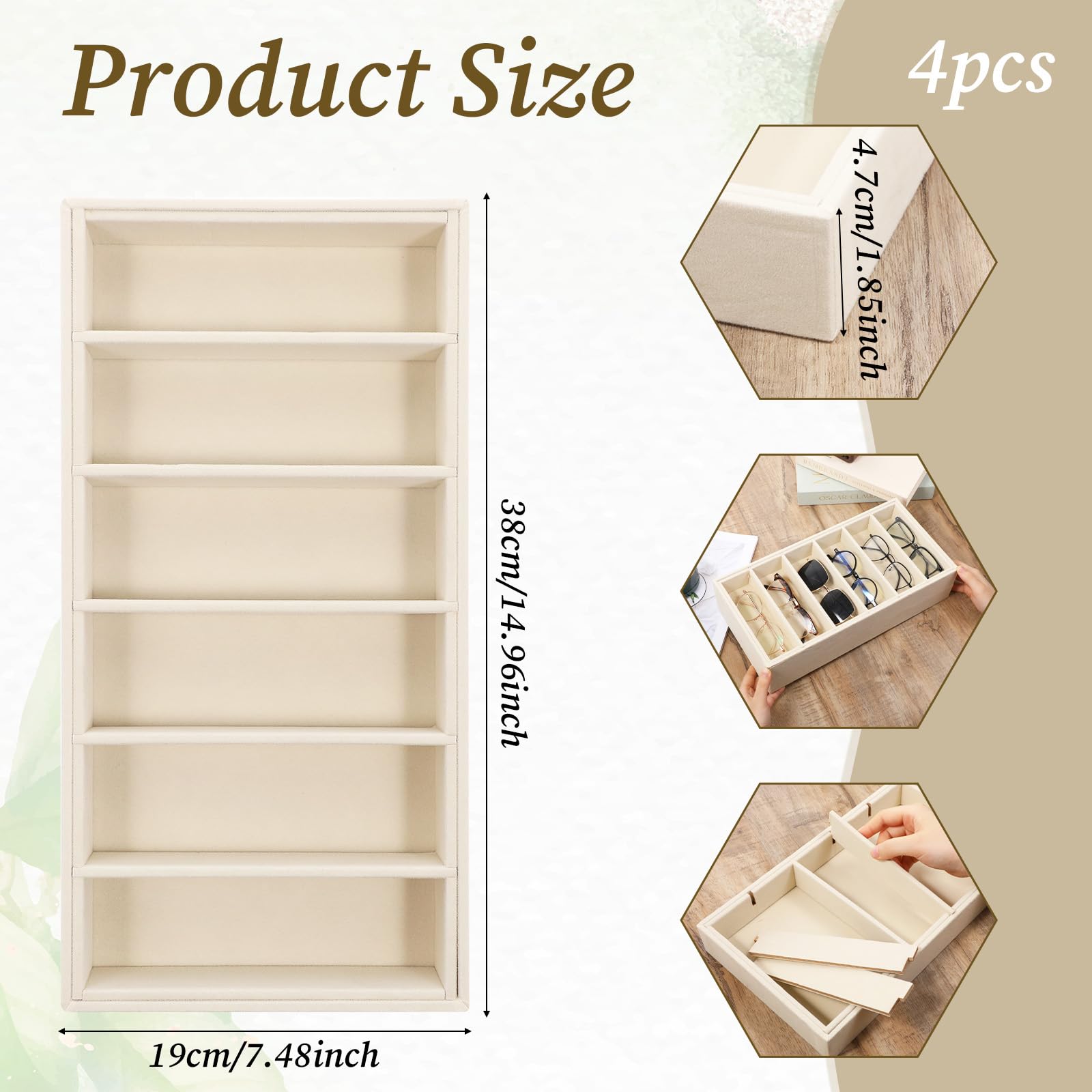 JJUNW 4 vassoi organizer in velluto per occhiali da sole, 6 griglie beige | Organizer per occhiali da sole, vassoio in velluto, impilabile, per esposizione di gioielli, occhiali, orologi