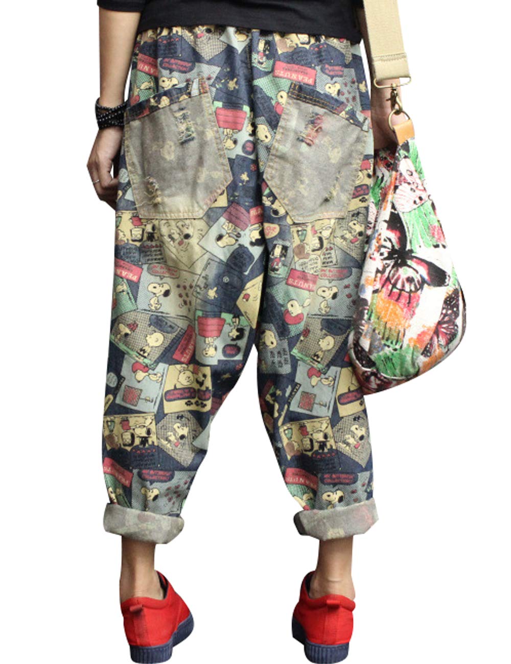 Youlee Femmes Taille élastique Sarouel Coton Jeans