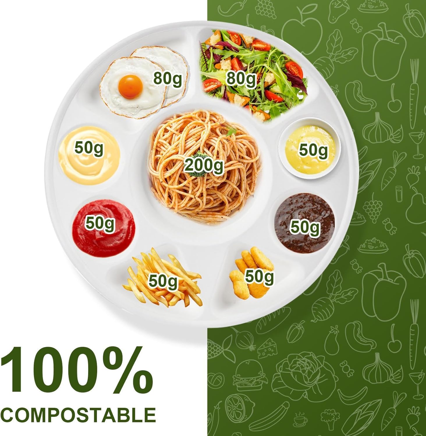 200 Pack 9 Compartment Round Biodegradables Divided Plates,12.5" Diameter 1.18" Height,Disposables & Eco-Friendly Heavy-Duty Sturdy Paper Bagasse Plates,water Proof For Party,Thali,Buffet