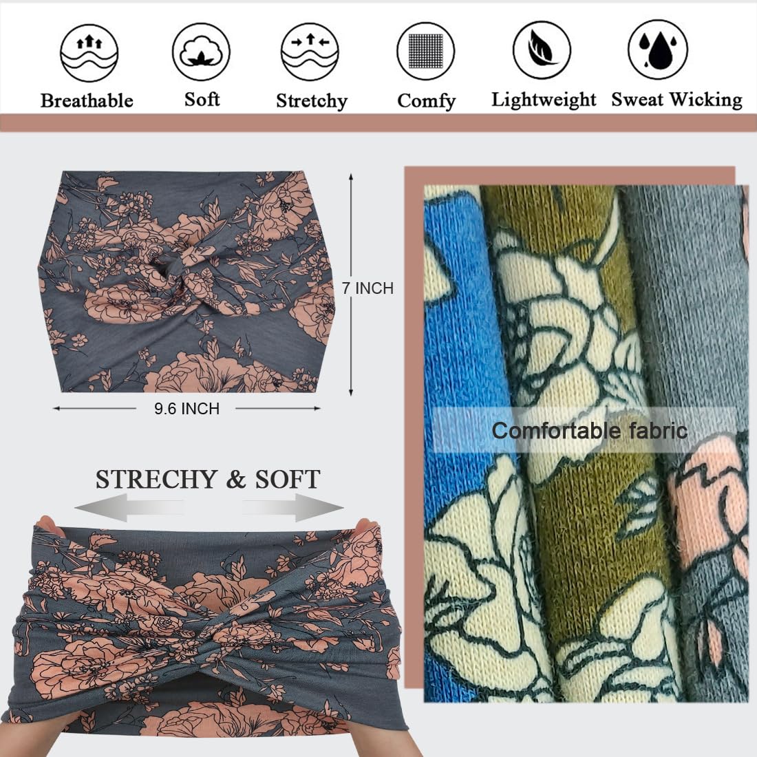 Sefiinh Boho bardzo szerokie opaski na głowę dla kobiet, 18 cm, duża opaska na głowę, damska opaska do włosów, elastyczny turban, akcesoria do stylizacji, 8 sztuk