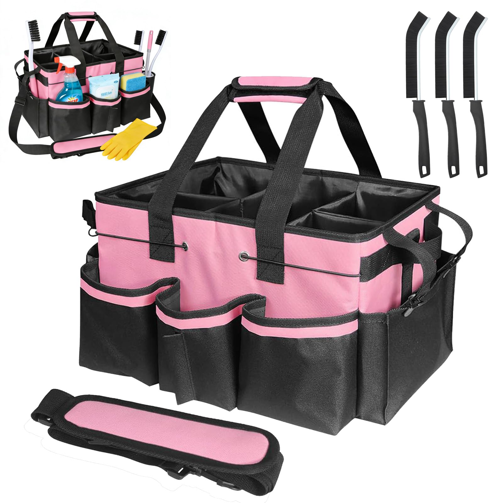 Professional Cleaning Caddy with Handle & 3 Cleaning Brushes, Large Multi-Compartment Cleaning Caddy Bag with Removable Dividers & Shoulder Strap for Housekeepers, Janitors, Commercial Cleaning
