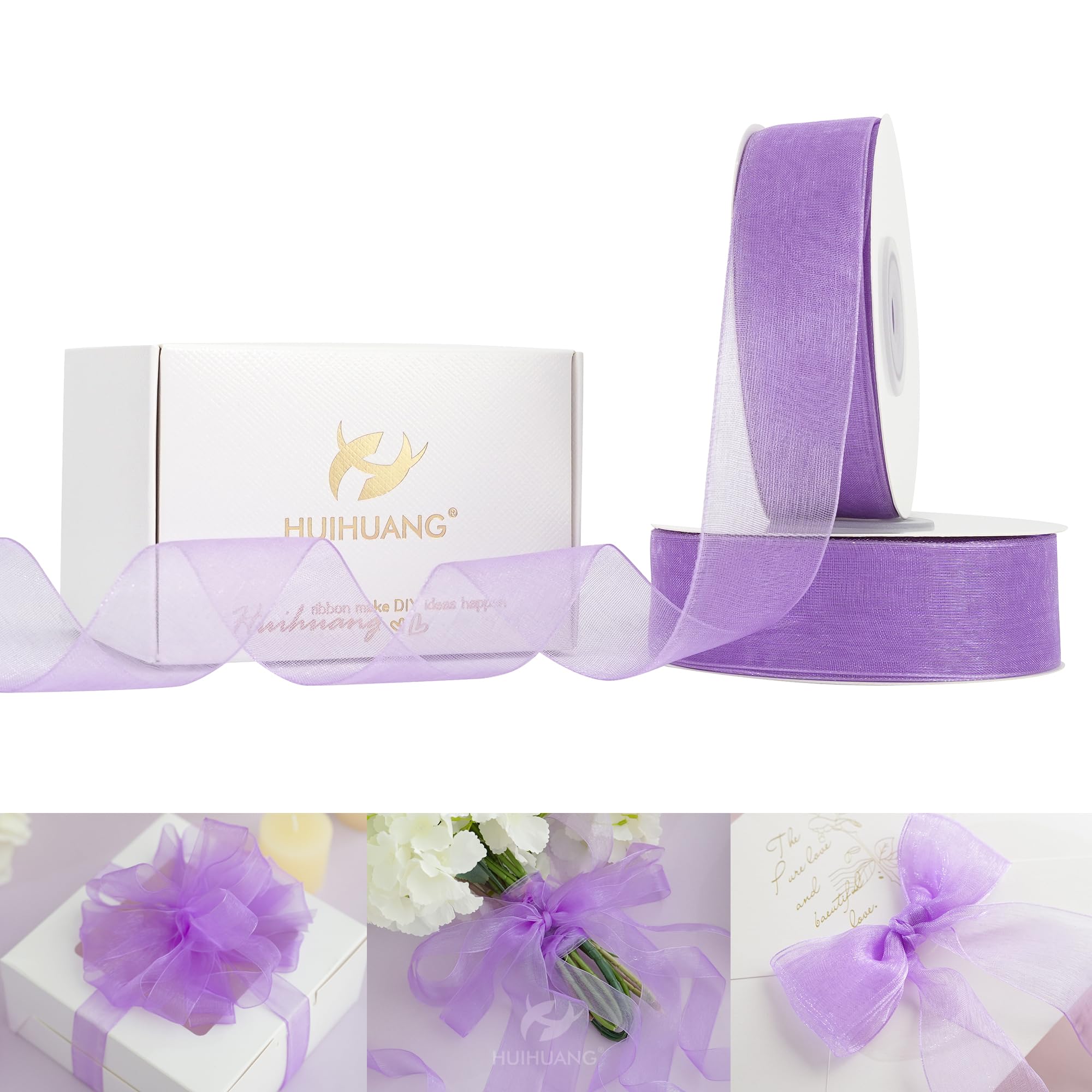 HUIHUANG Purple Organza Ribbon 1 inch x 100 Yard Light Purple Sheer Chiffon Ribbon for Flower Bouquet Invitations Gift Wrapping DIY Crafts Wedding Bridal Shower Decor
