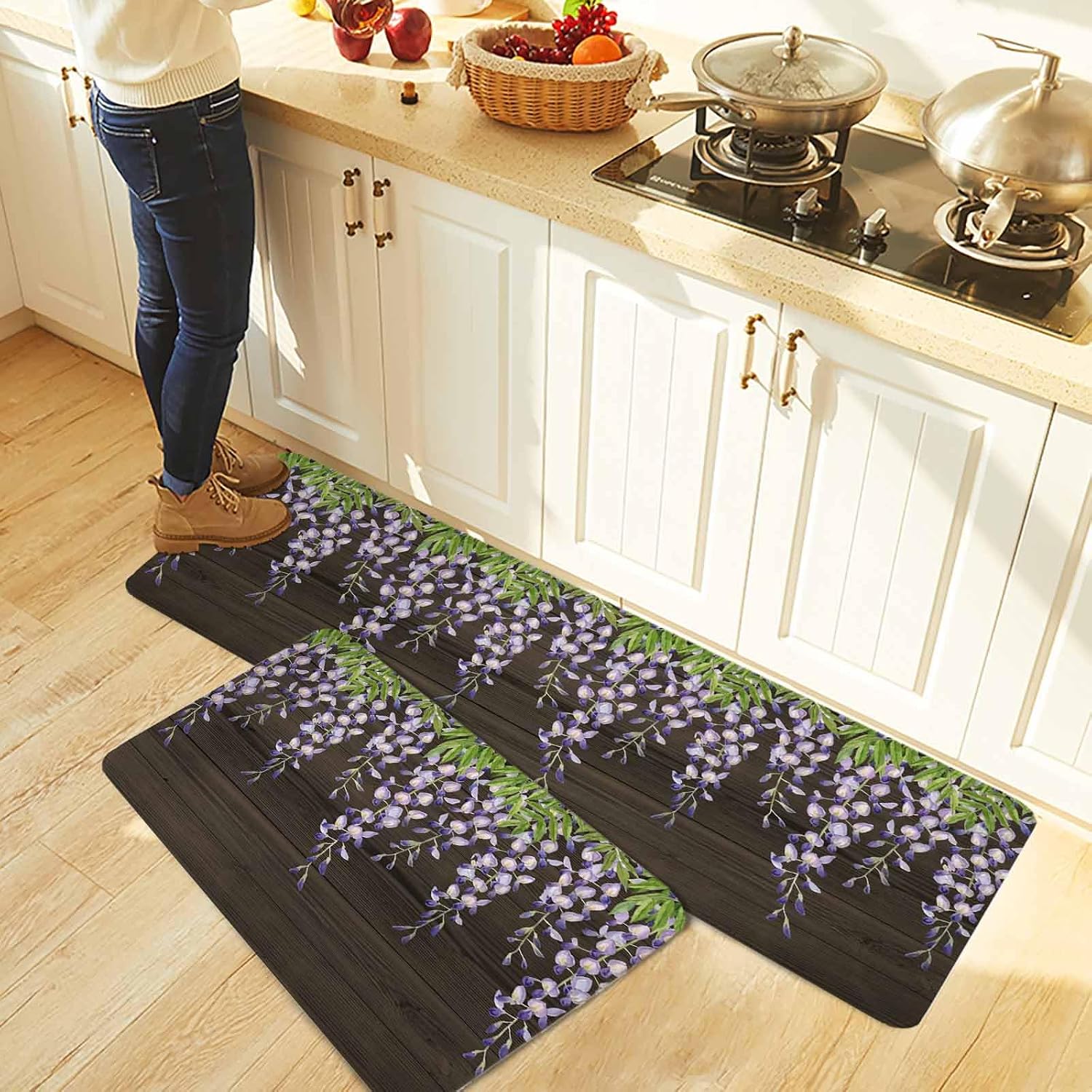 Purple Flowers Kitchen Rugs and Mats Set of 2, Non-Slip Kitchen Sink Mat, Weeping Spring Floral Wooden Pastoral Washable Doormat Bathroom Rugs Runner for Bedroom/Living Room 19.7"x23.6"+19.7"x47.2"